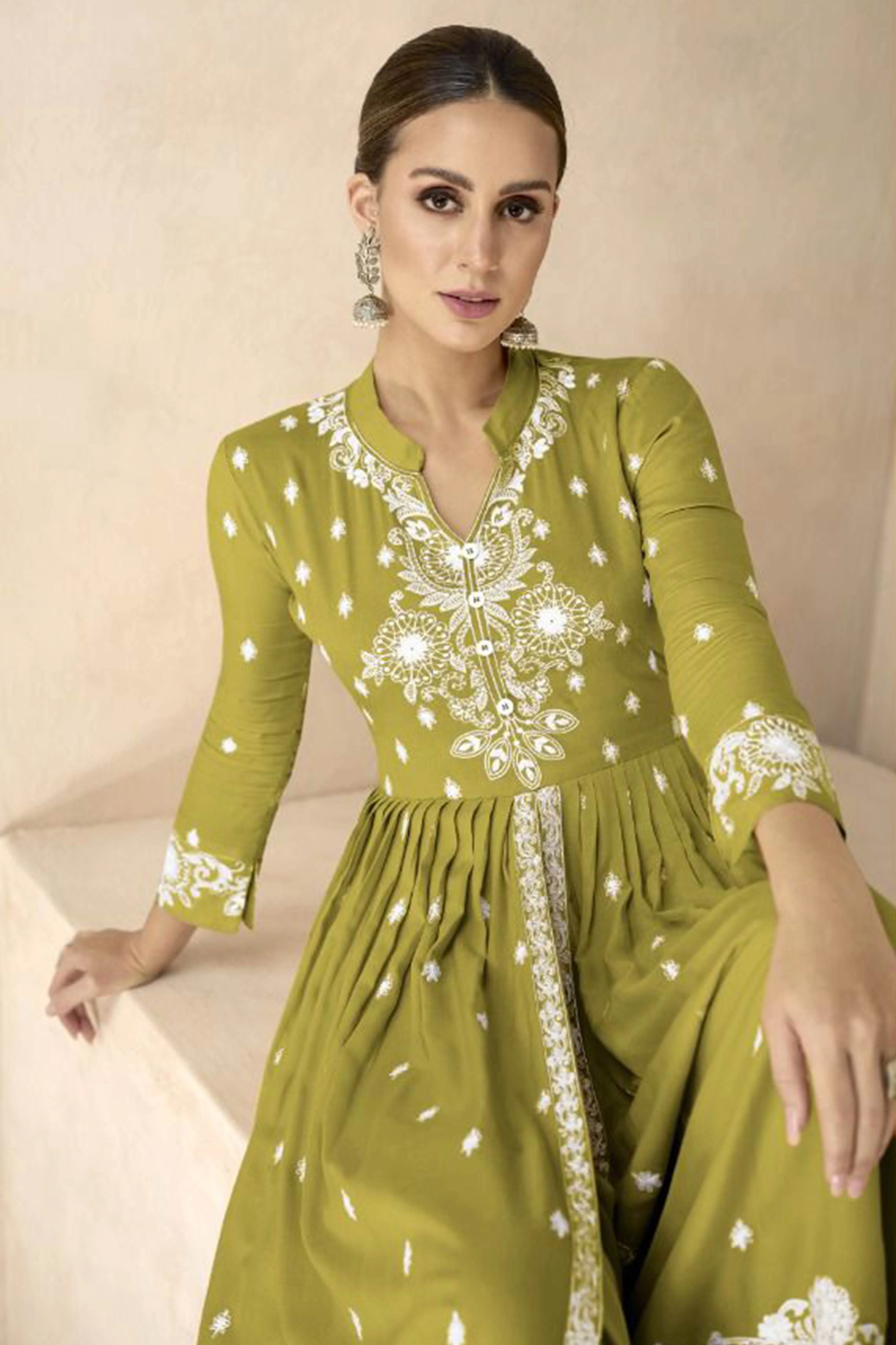 Light Green Floral Embroidered Rayon Palazzo Suit - Image 3