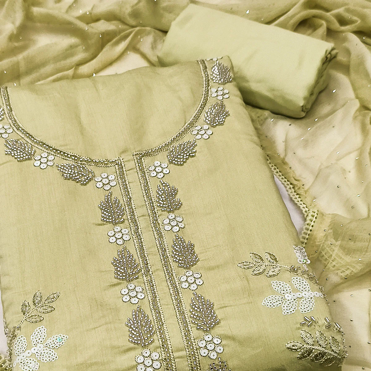 Light Green Floral Embroidered Viscose Suit Fabric with Exquisite Beads Work - Image 2