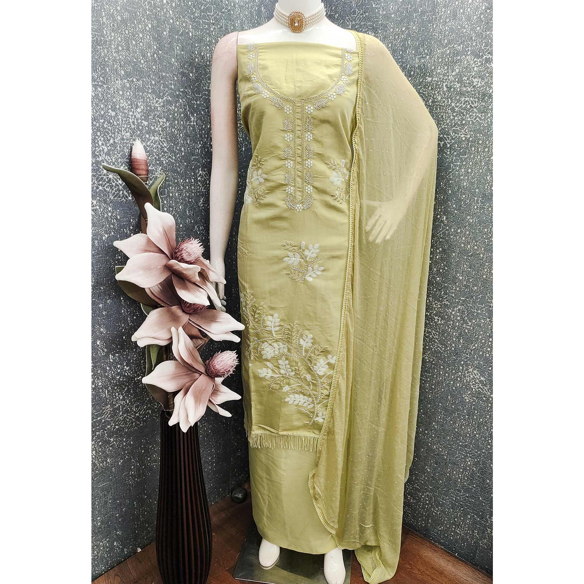 Light Green Floral Embroidered Viscose Suit Fabric with Exquisite Beads Work - Image 3