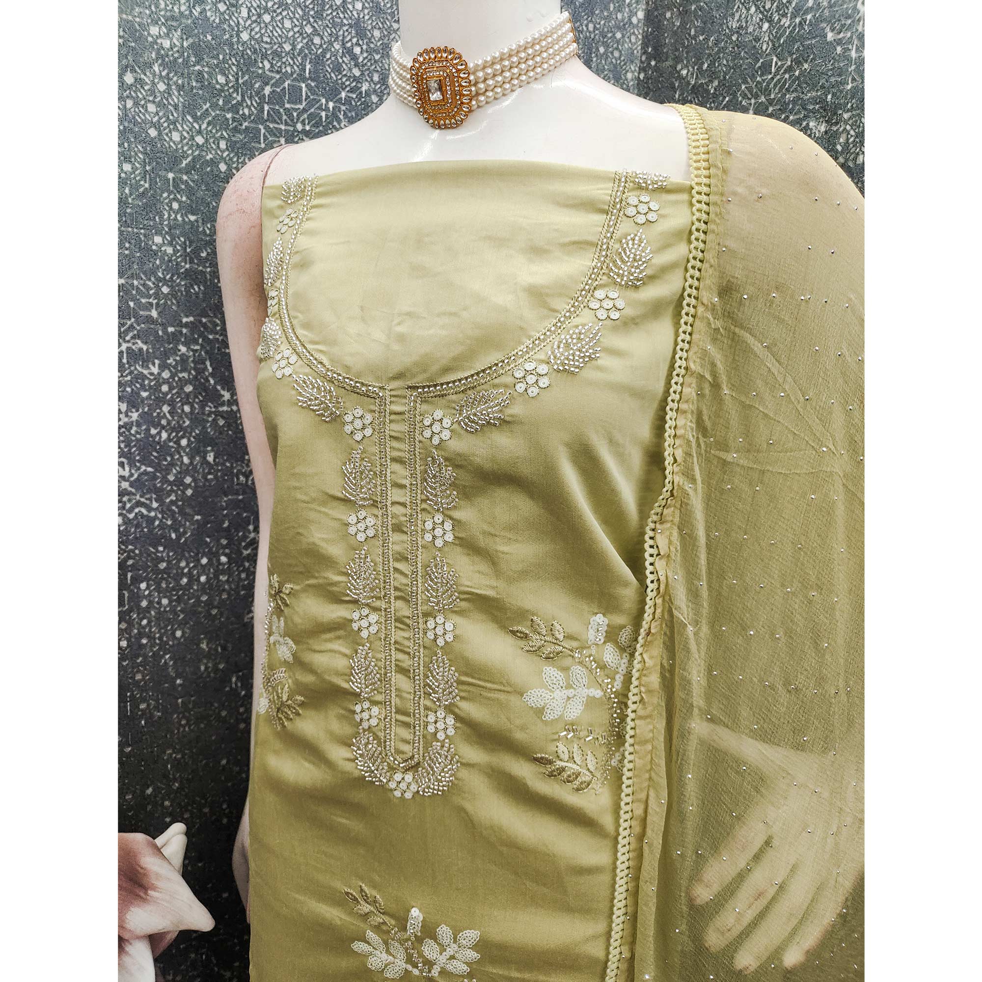 Light Green Floral Embroidered Viscose Suit Fabric with Exquisite Beads Work - Image 4
