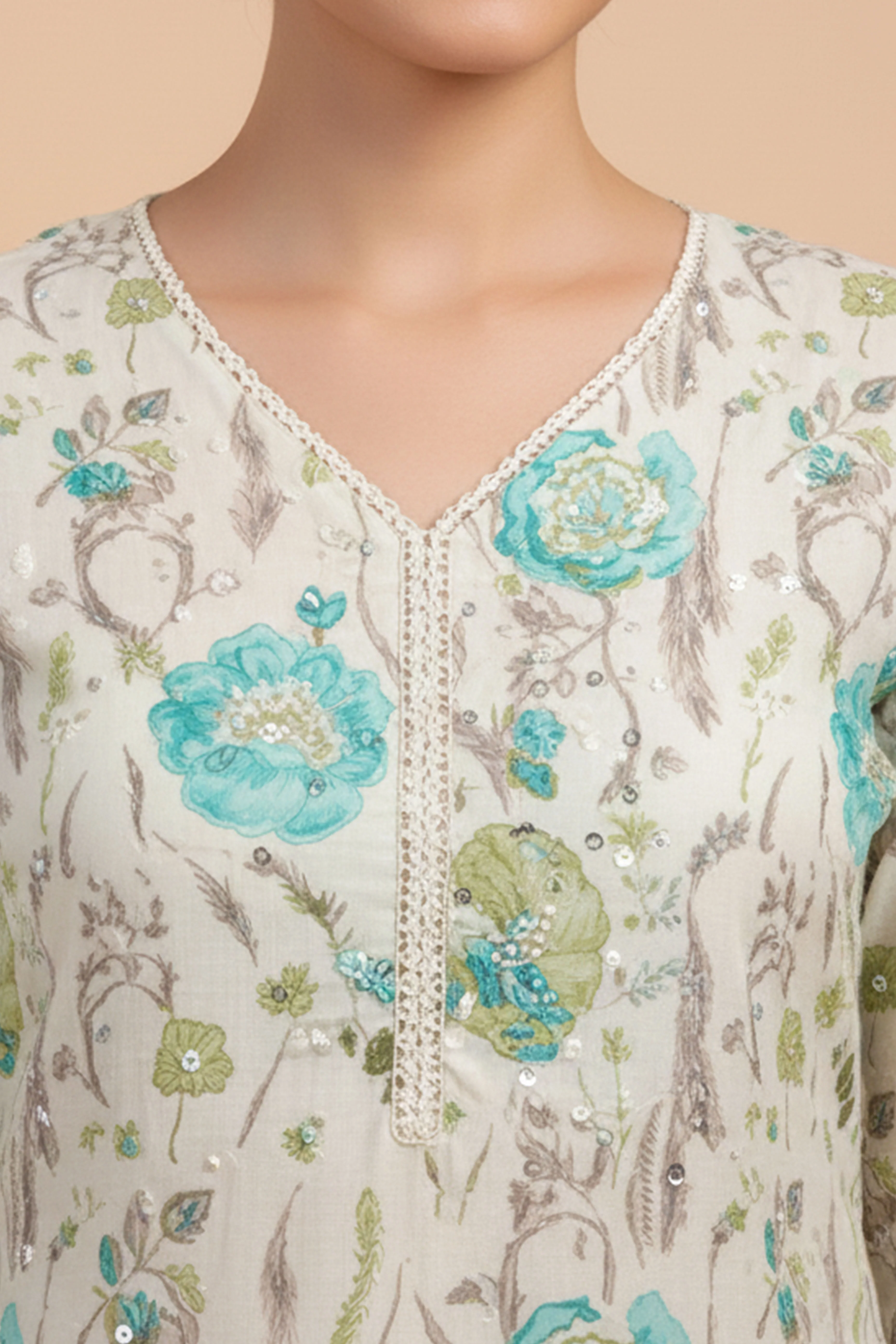 Light Green Floral Printed Mulmul Cotton Straight Salwar Suit - Image 2