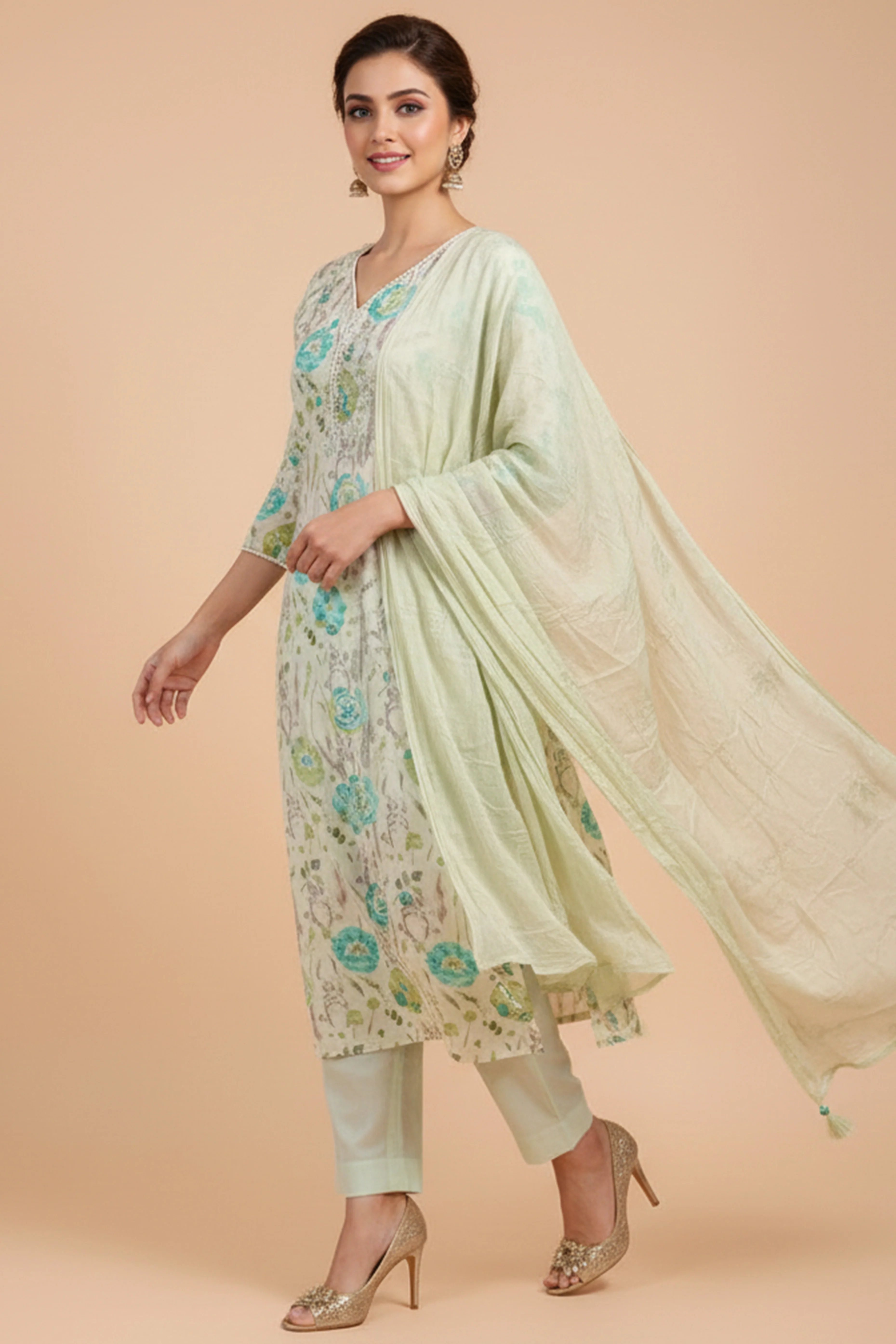 Light Green Floral Printed Mulmul Cotton Straight Salwar Suit - Image 4