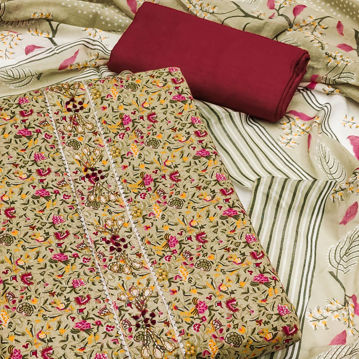 Light Green Floral Printed With Handwork Pure Cotton Dress Material - Image 2