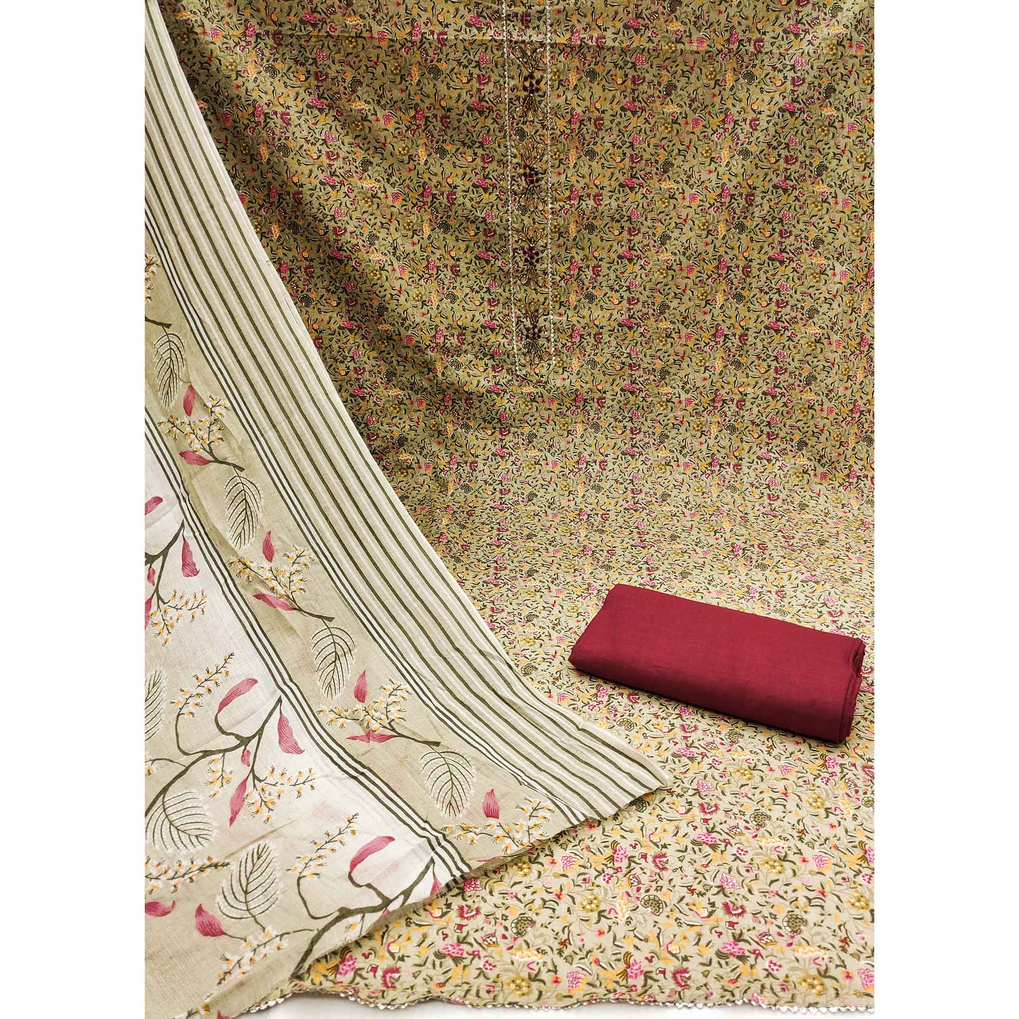 Light Green Floral Printed With Handwork Pure Cotton Dress Material - Image 3
