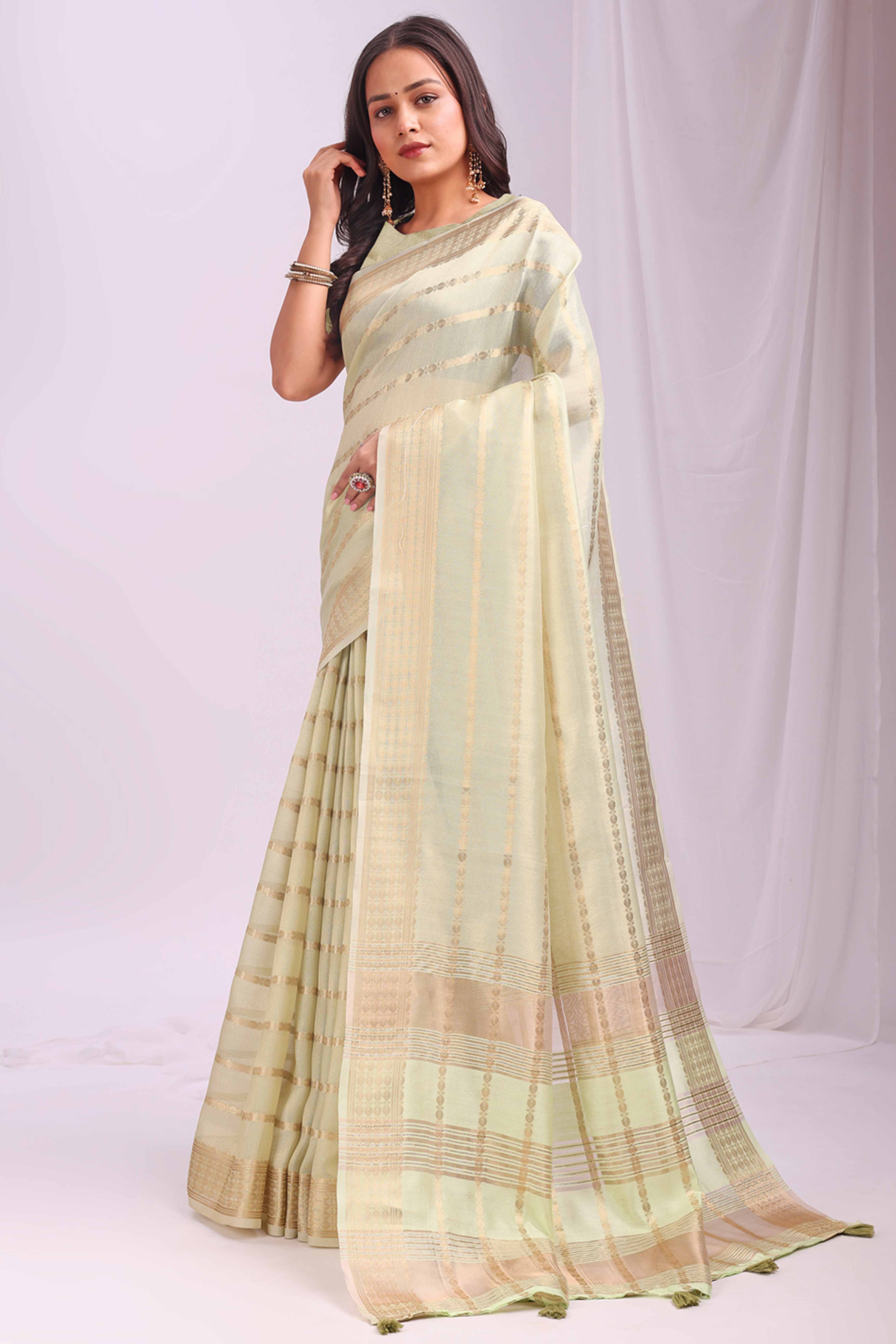 Light Green Lightweight Organza Saree with Rich Zari Stripes Pattern - Image 3