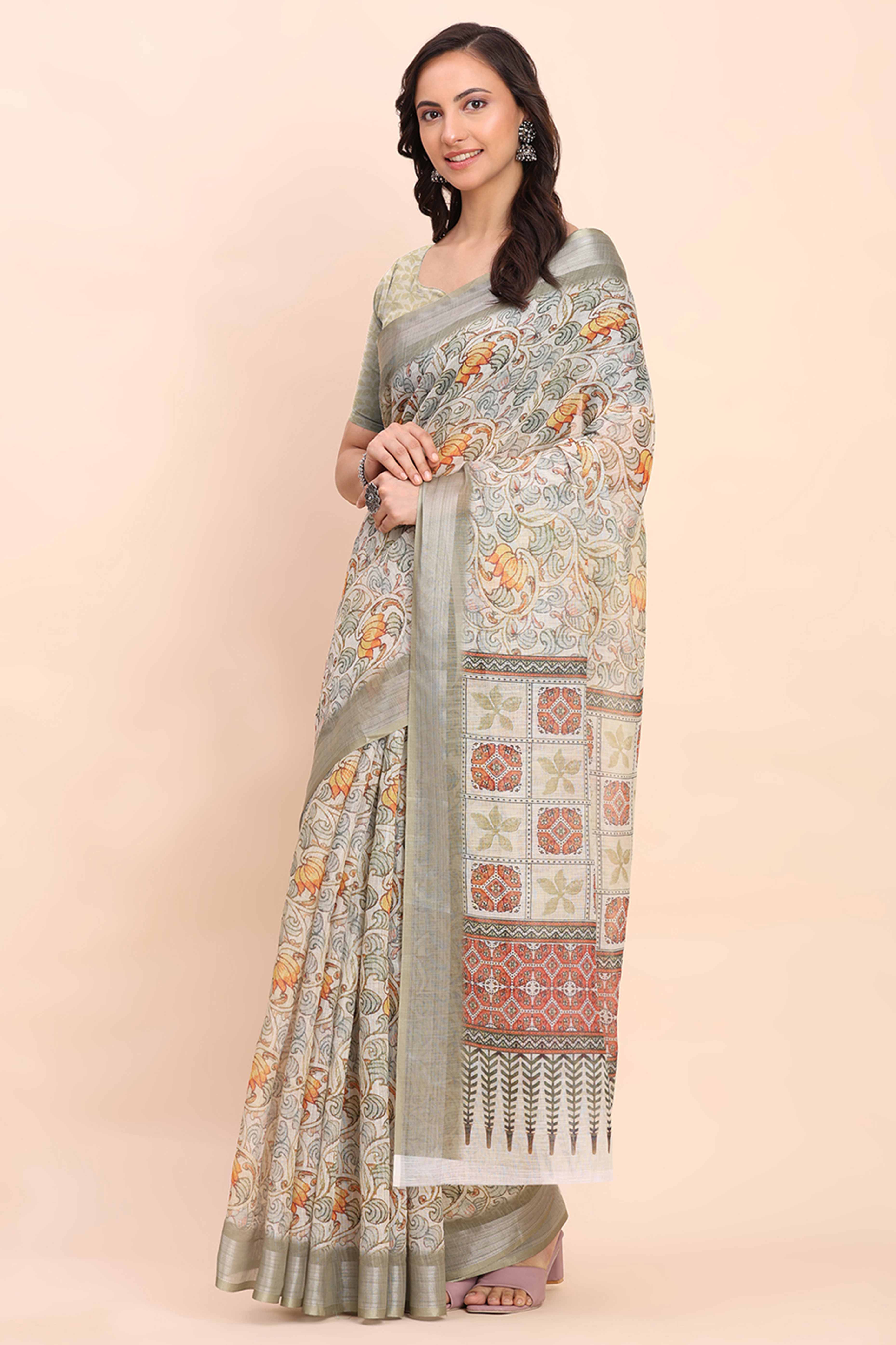 Light Green Linen Cotton Saree Featuring Floral Prints & Woven Border - Image 3