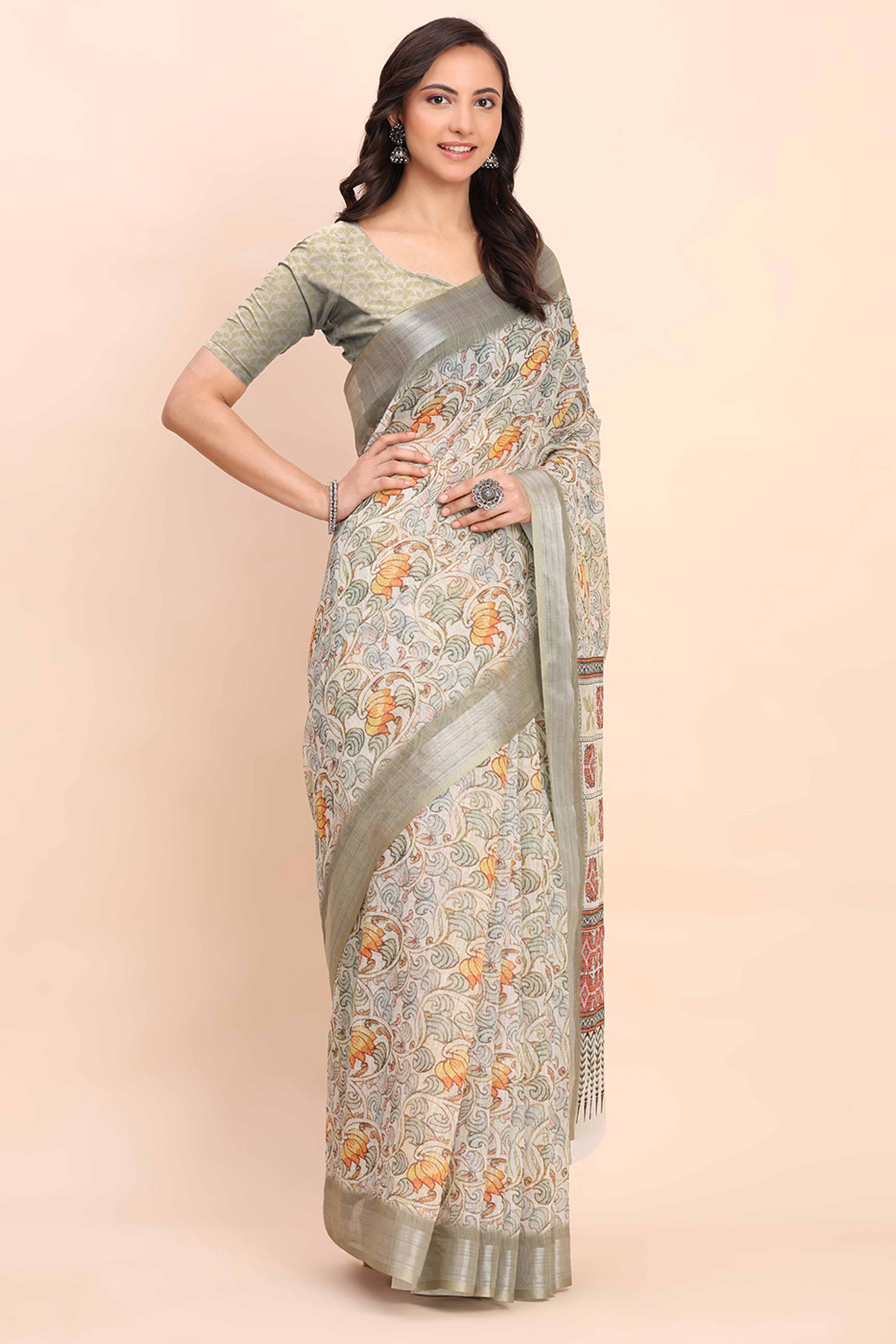 Light Green Linen Cotton Saree Featuring Floral Prints & Woven Border - Image 4