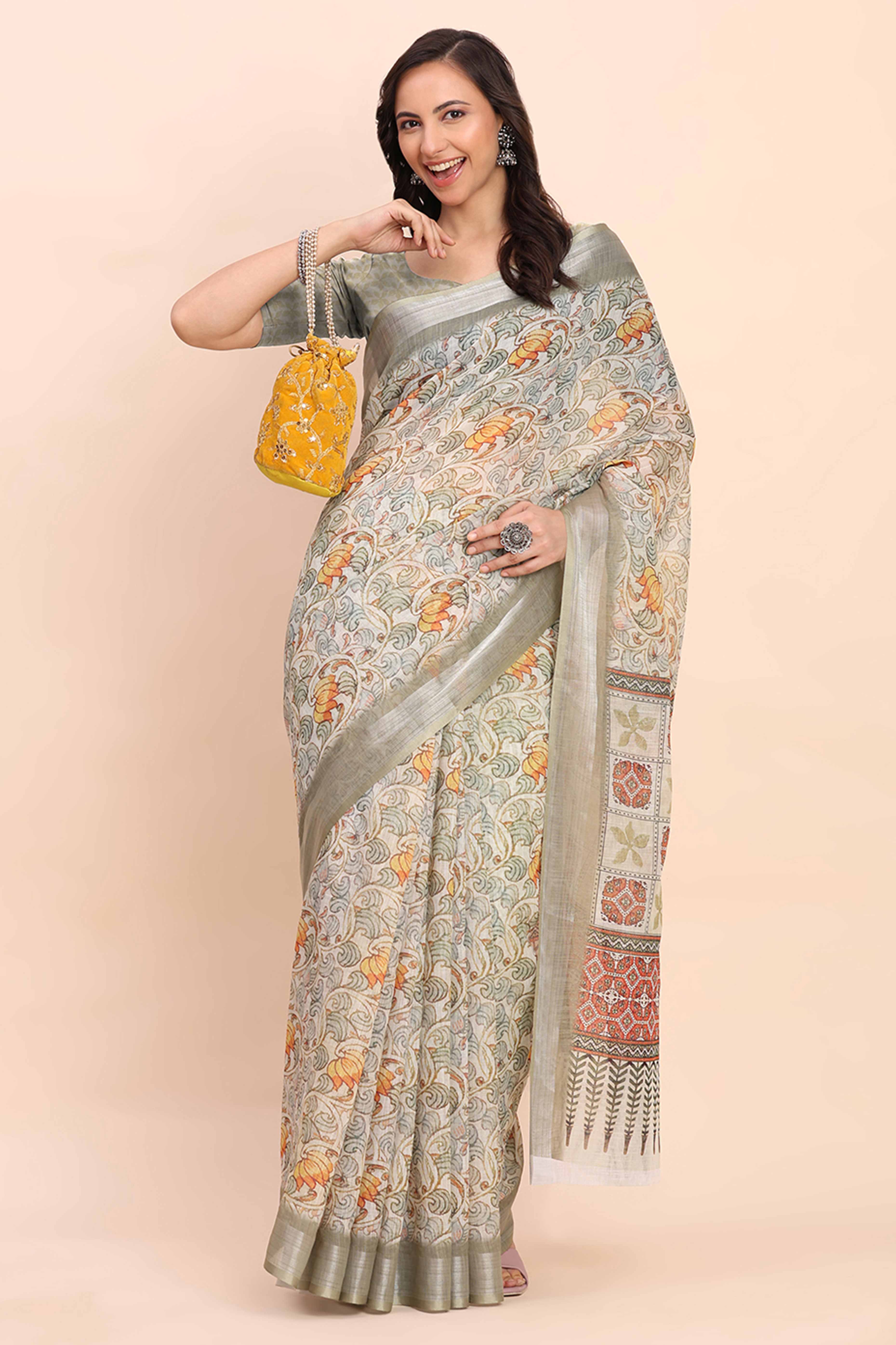 Light Green Linen Cotton Saree Featuring Floral Prints & Woven Border - Image 5