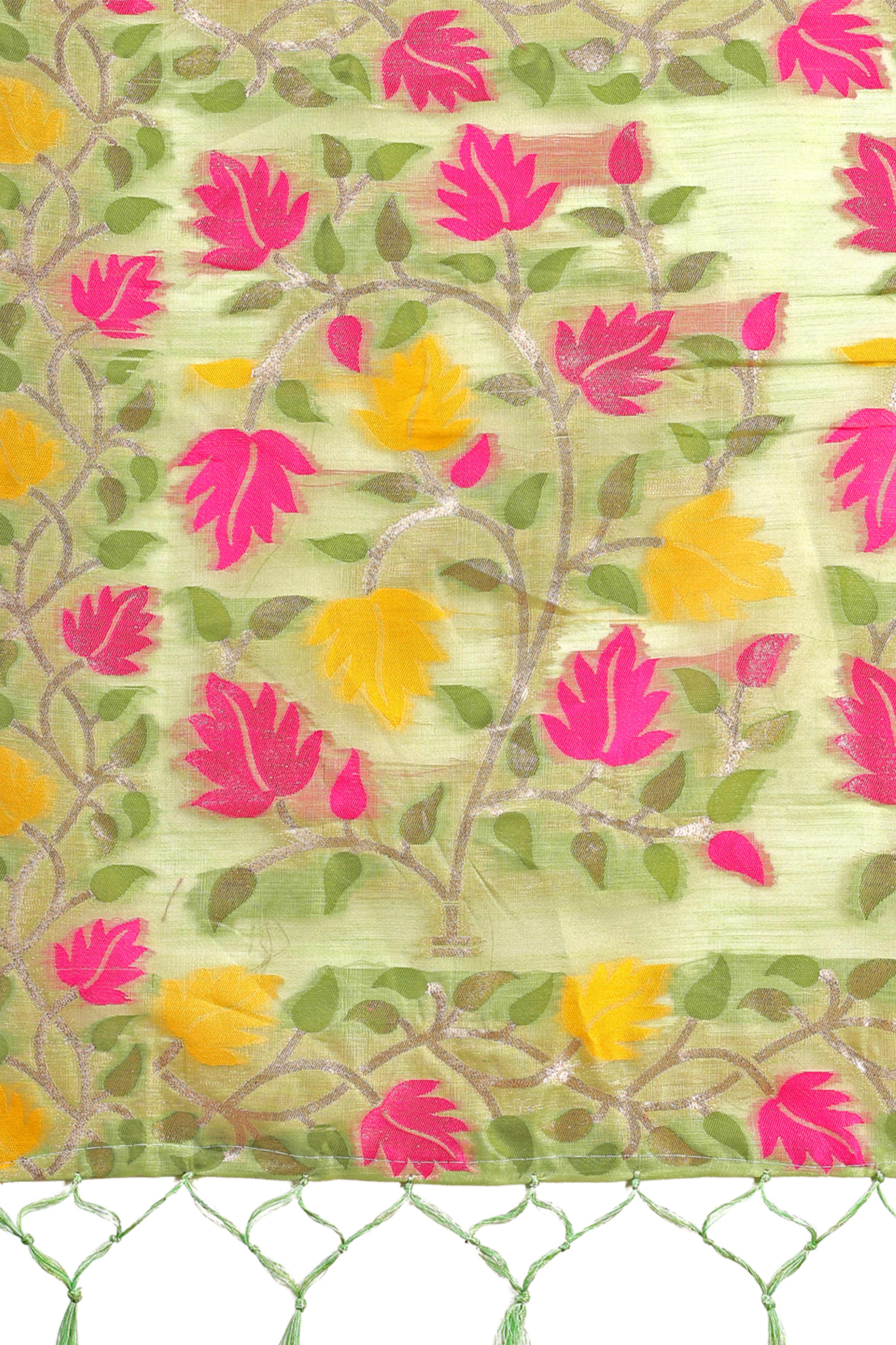 Light Green Linen Cotton Silk  Saree Enhanced With Floral Zari Weaving & Tasselled Pallu Finish - Image 7