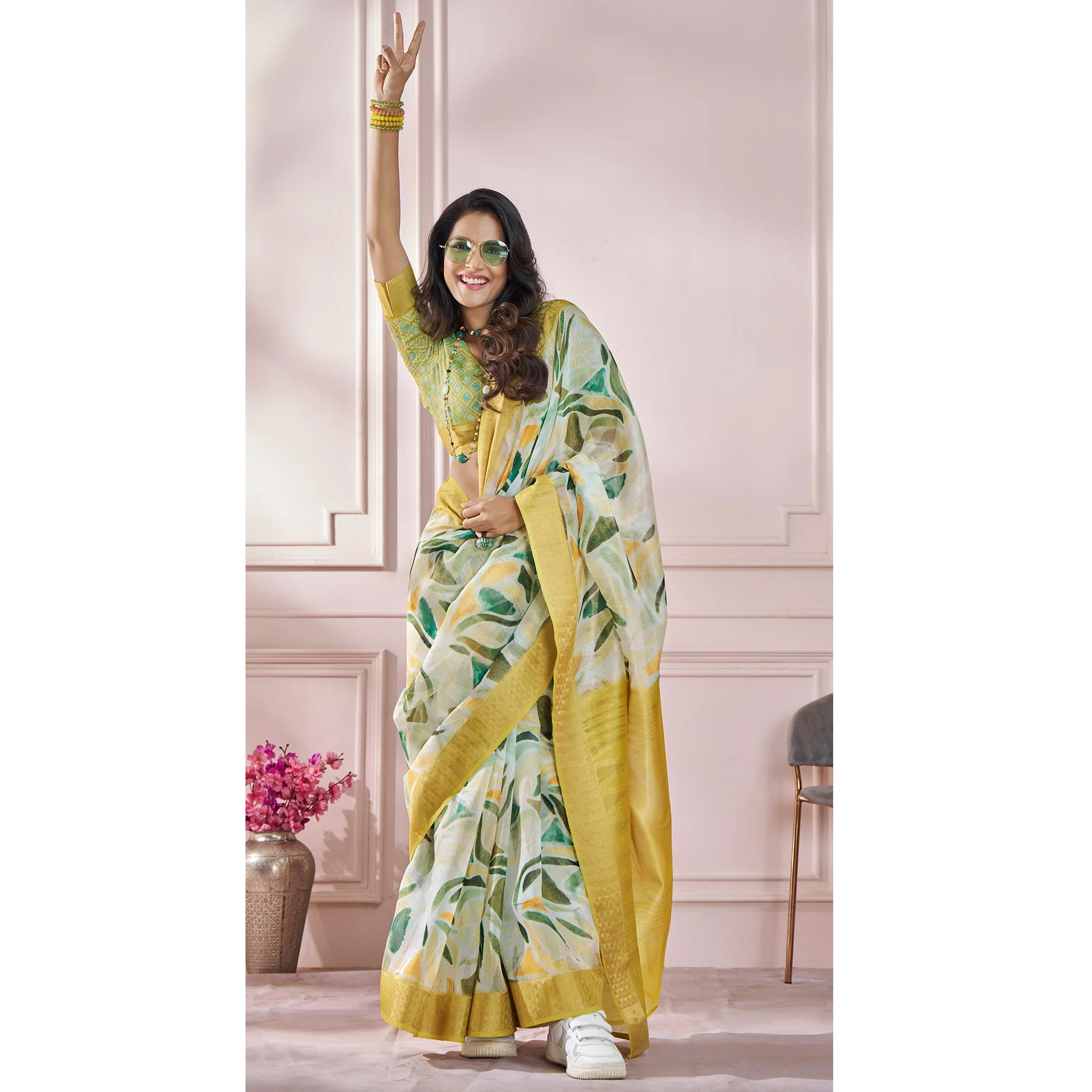 Light Green Printed Woven Soft Banarasi Silk Saree - Image 5