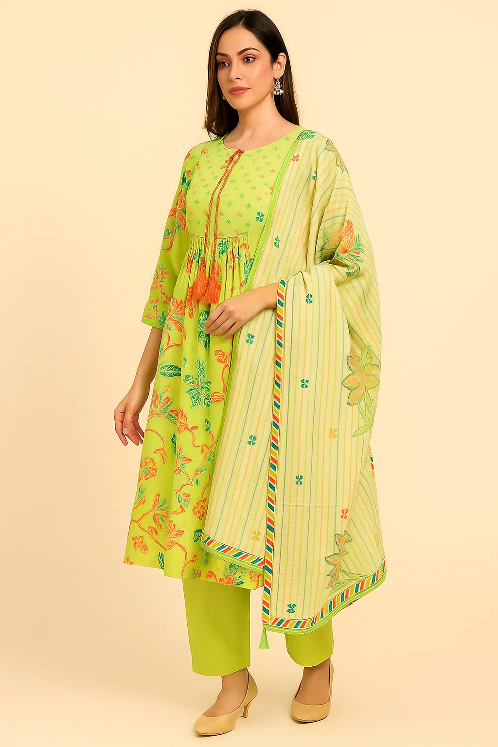 Light Green Pure Mulmul Cotton Salwar Suit with Delicate Floral Prints and Neckline Handwork - Image 4