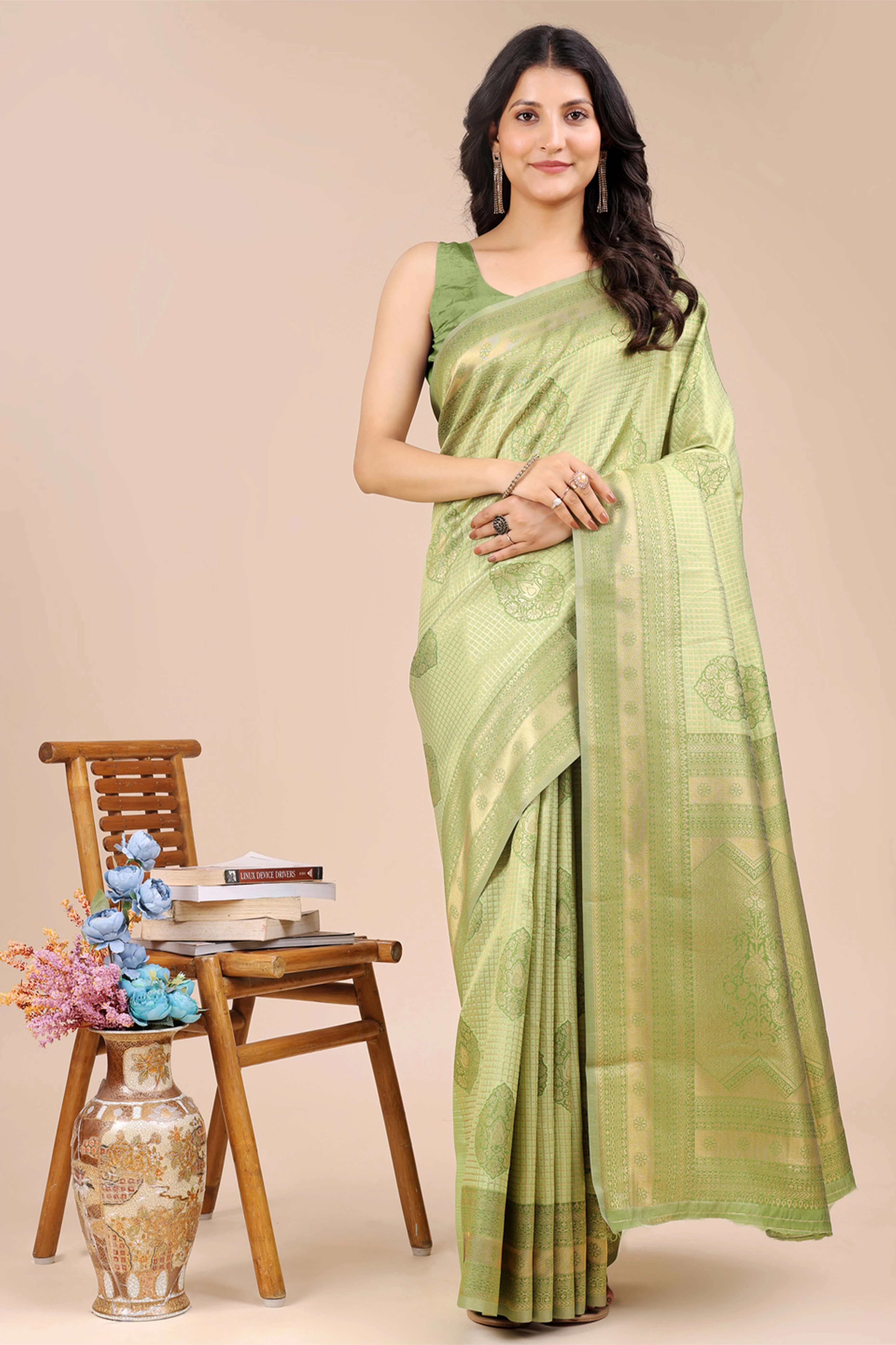 Light Green Saree in Pure Banarasi Silk with Intricate Zari Borders and Motifs - Image 3