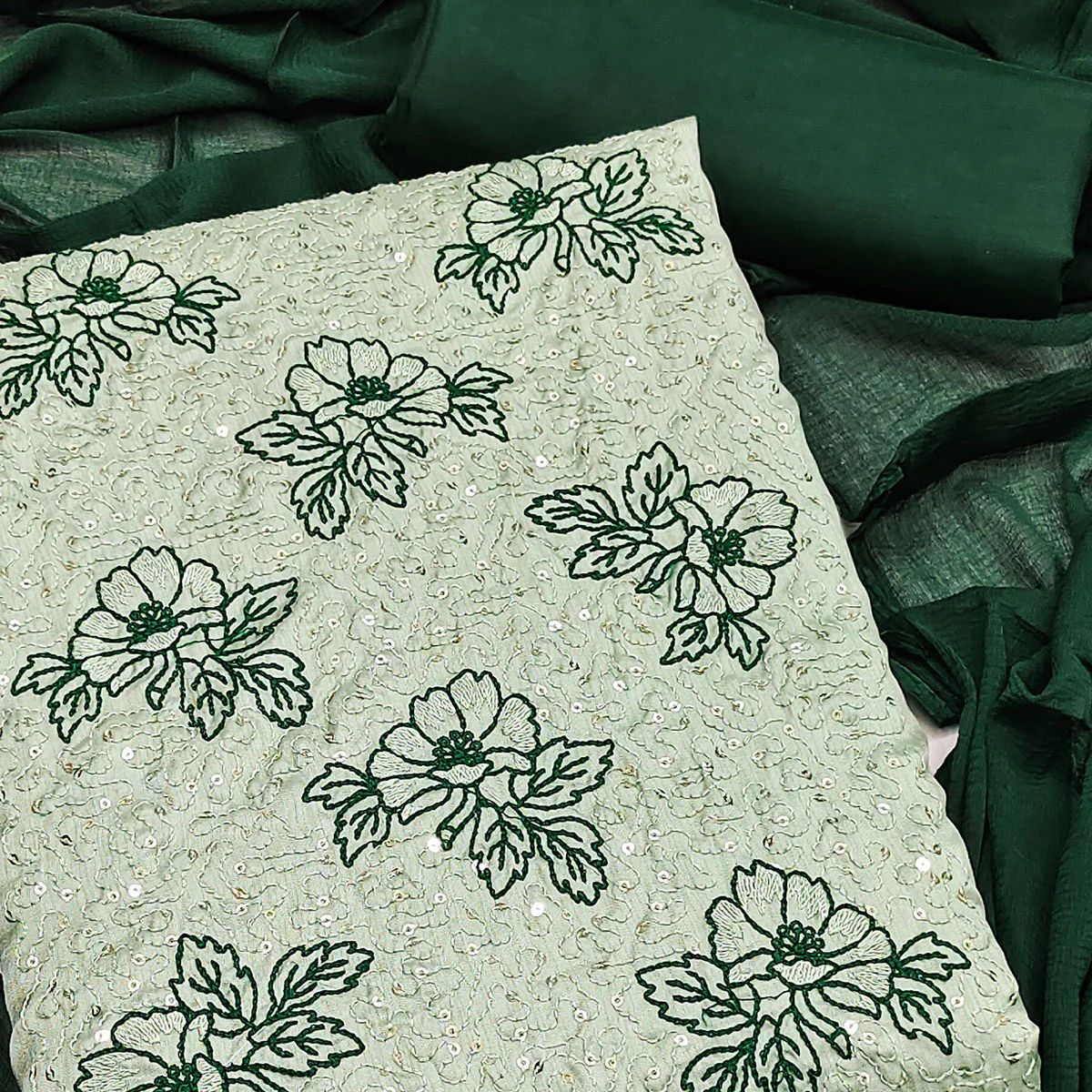 Light Green Silk Blend Dress Material with Sequin Embroidery - Image 2
