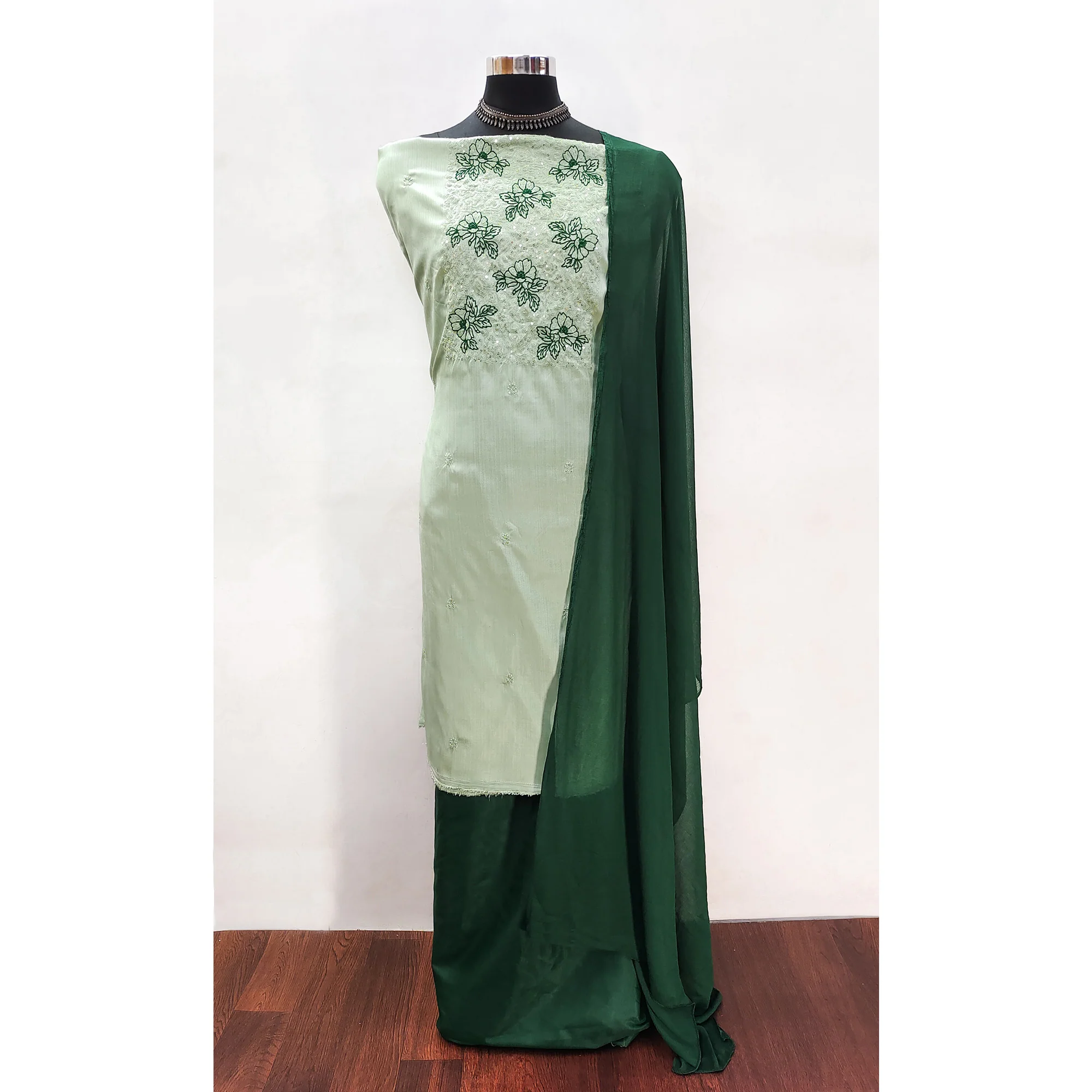 Light Green Silk Blend Dress Material with Sequin Embroidery - Image 3