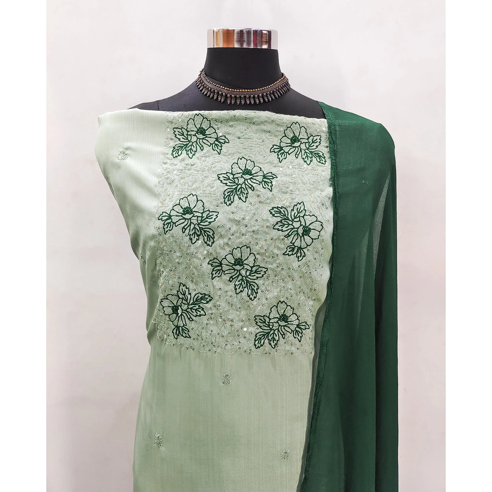 Light Green Silk Blend Dress Material with Sequin Embroidery - Image 4