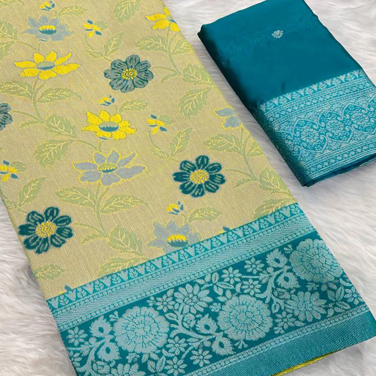 Light Green & Yellow Designer Tissue Saree with Zari Weaving - Image 2
