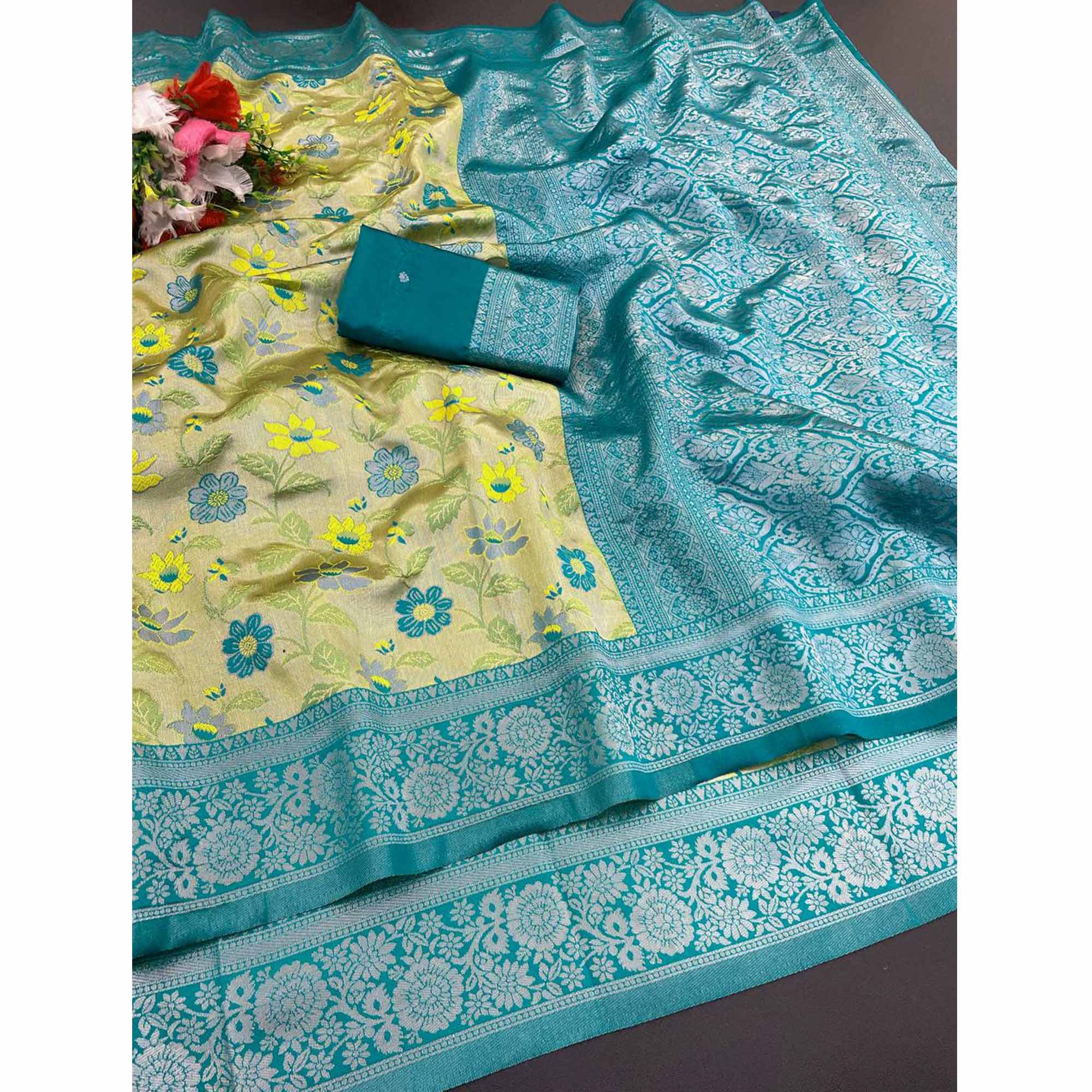 Light Green & Yellow Designer Tissue Saree with Zari Weaving - Image 3