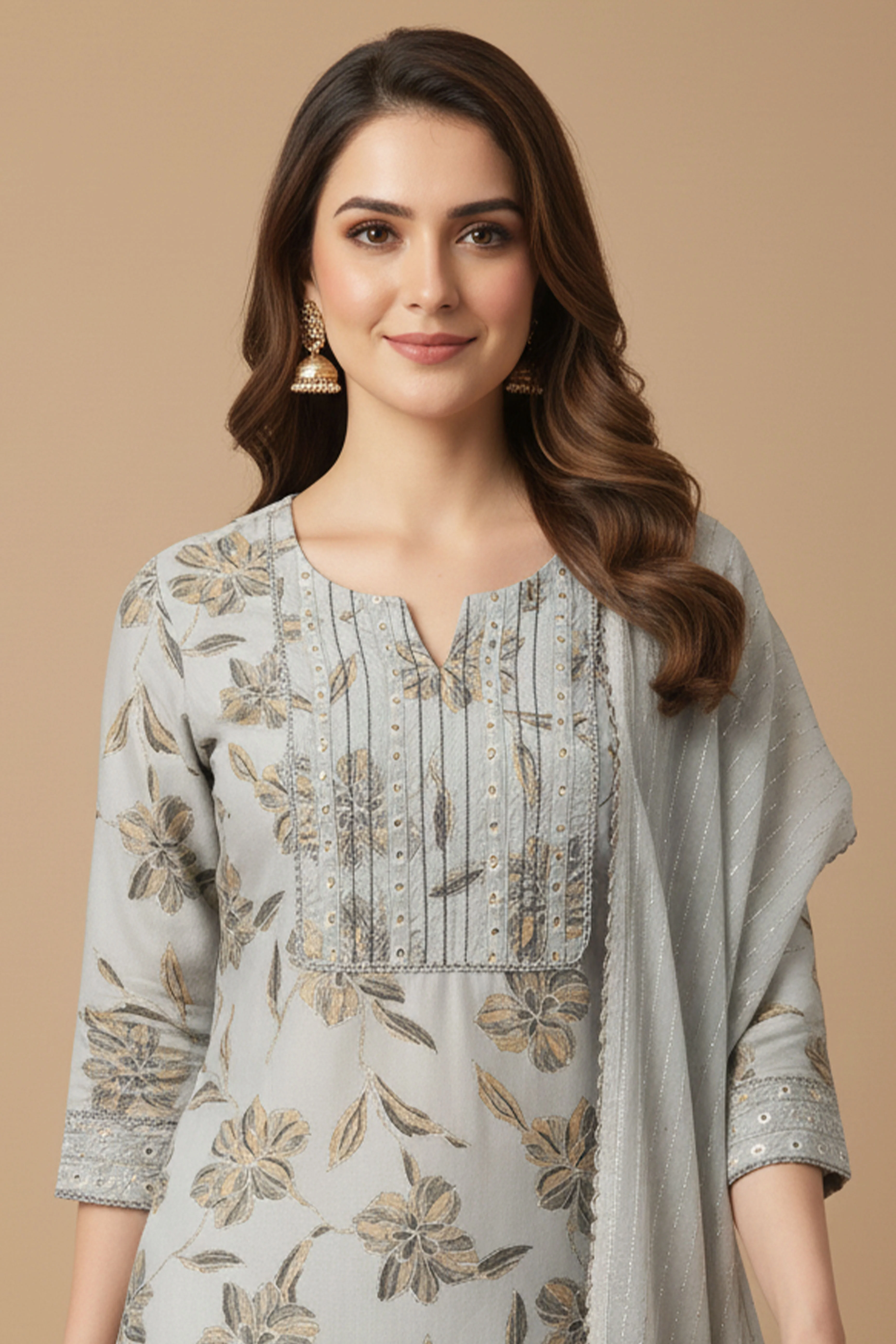 Light Grey Chic Dobby Textured Rayon Suit Set Adorned with Floral Motifs - Image 3