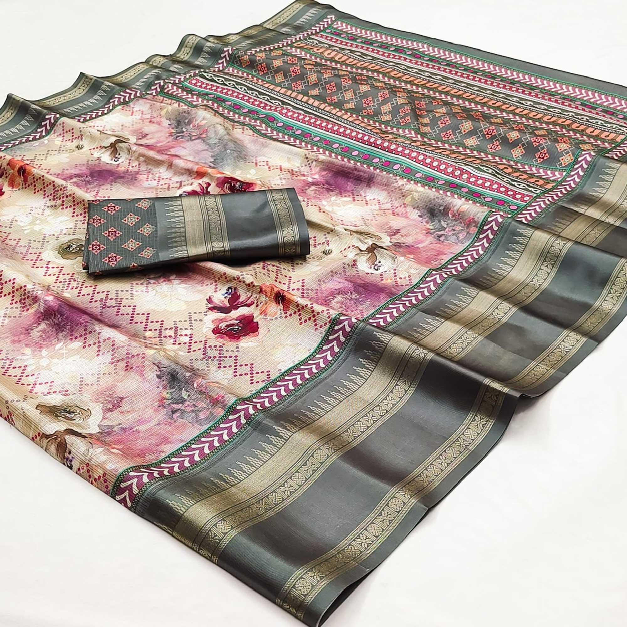 Light Grey Floral Digital Printed Cotton Silk Saree - Image 3