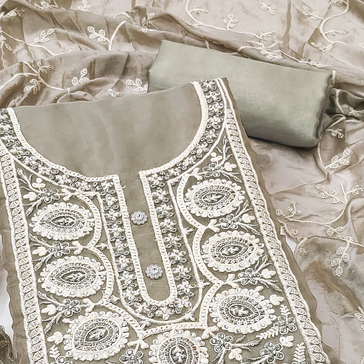 Light Grey Floral Sequins Embroidered Organza Dress Material - Image 2