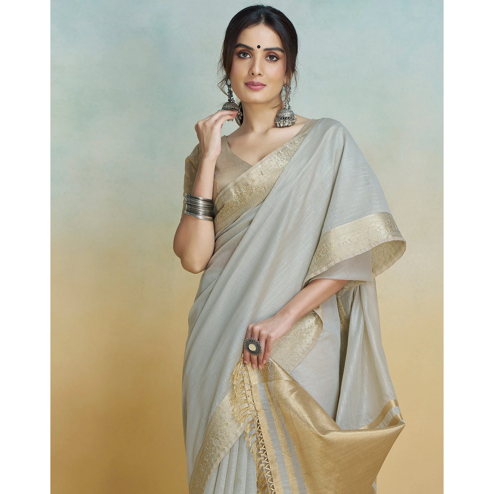 Light Grey Woven Cotton Silk Saree With Tassels - Image 5