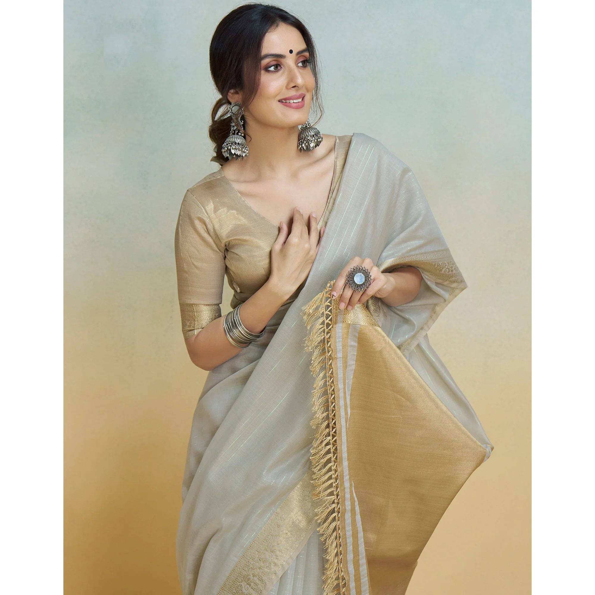 Light Grey Woven Cotton Silk Saree With Tassels - Image 6
