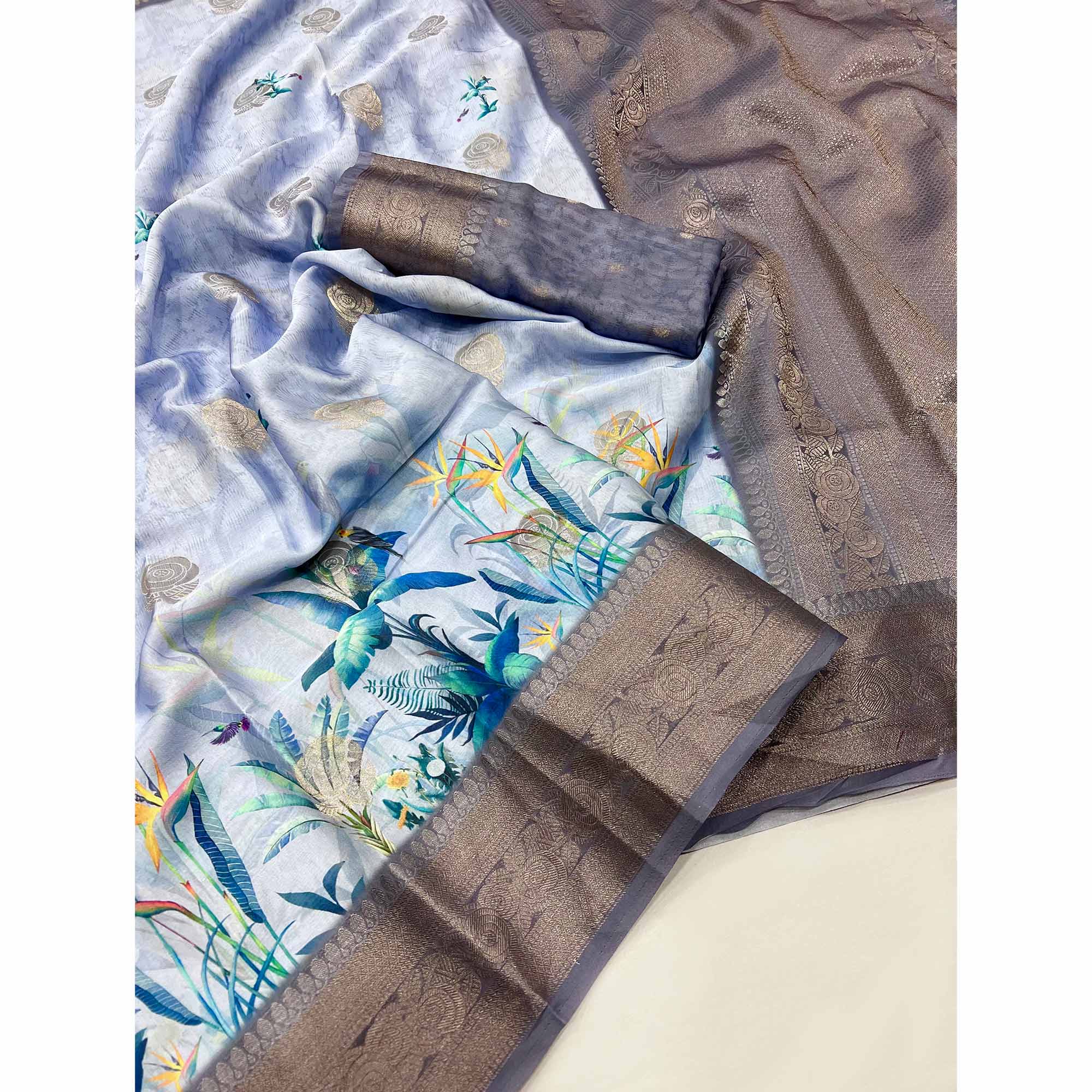 Light Lavender Floral Woven With Digital Printed Satin Saree - Image 3