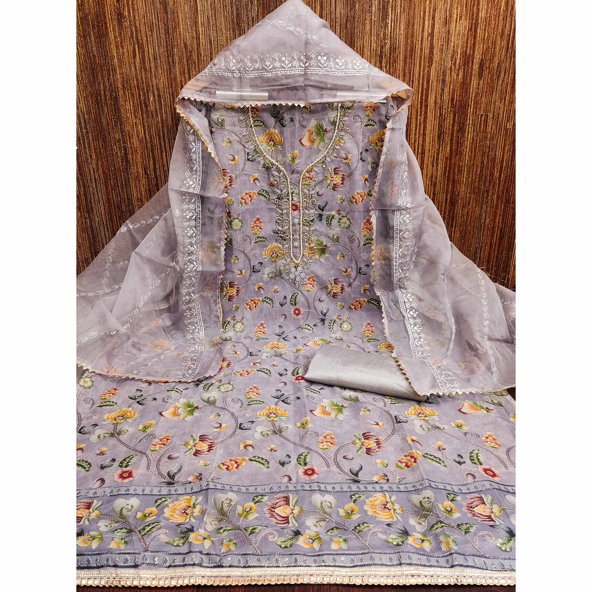 Light Lavender Organza Dress Material With Graceful Floral Print With Handwork Detailing - Image 3