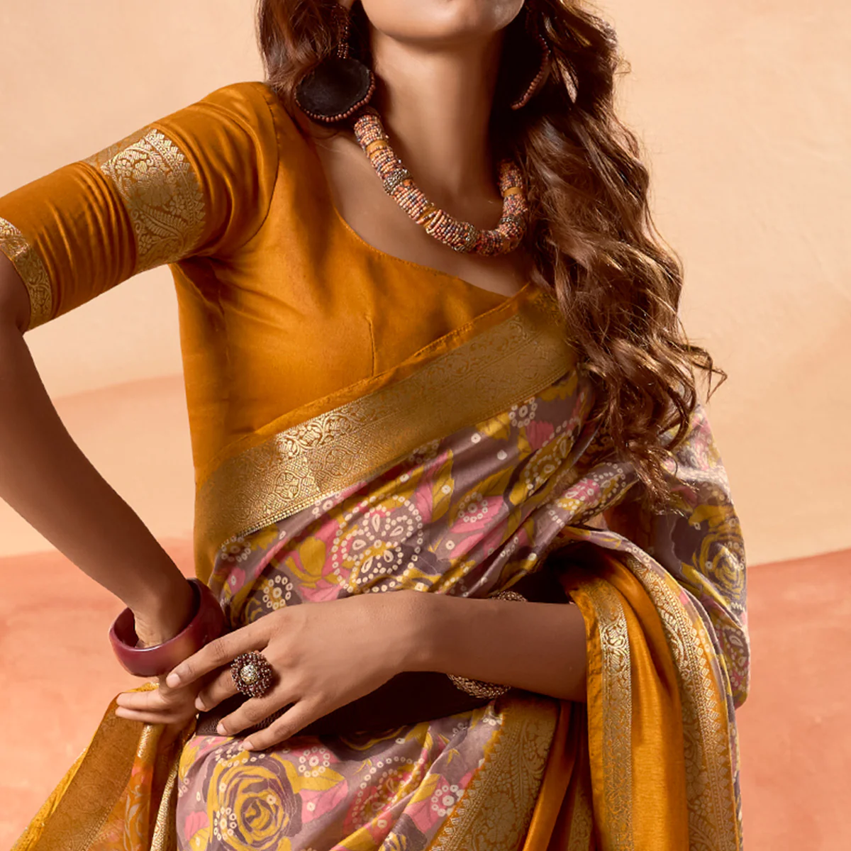 Light Lavender Printed Cotton Silk Saree With Zari Border - Image 2