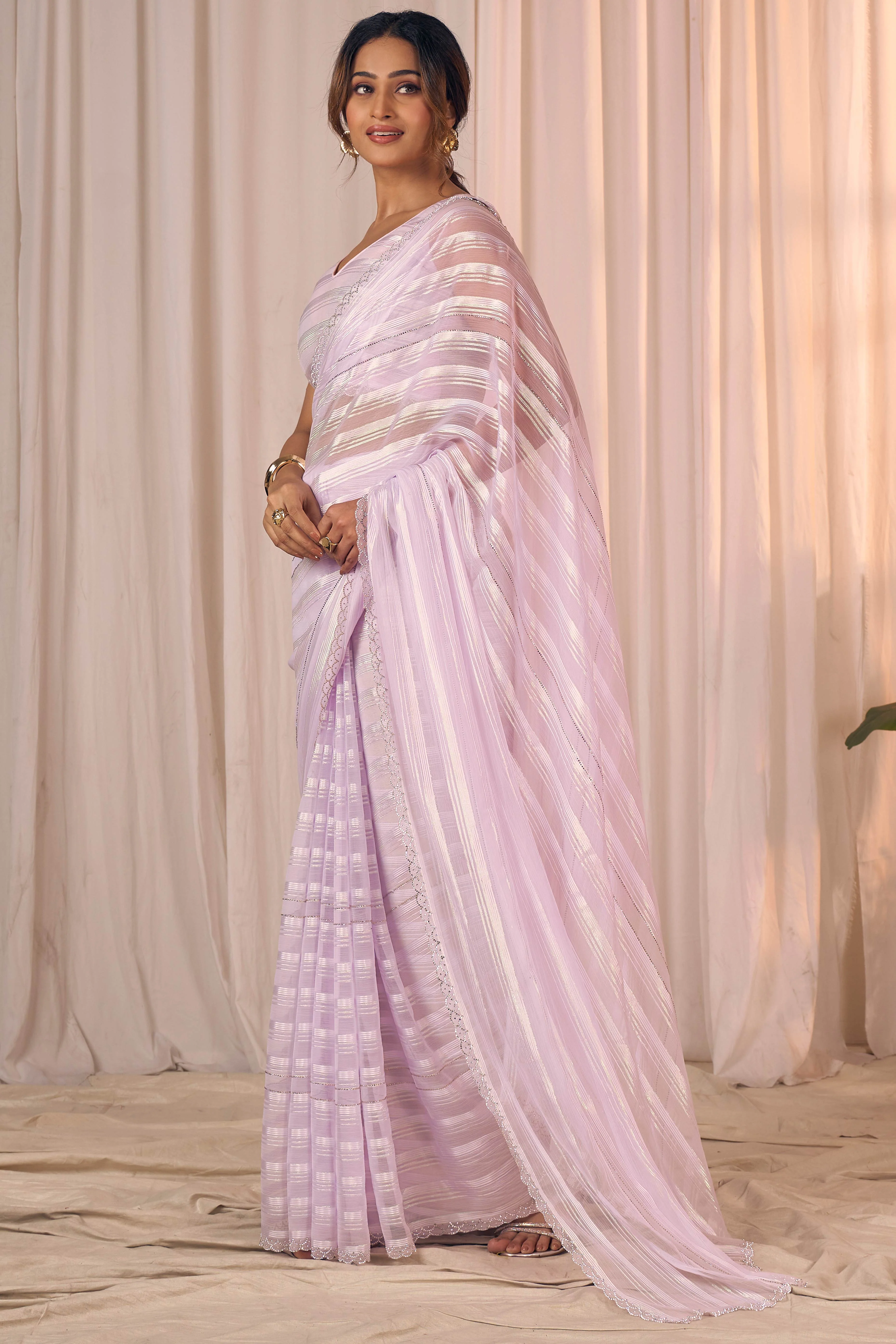Light Lavender Striped Georgette Saree With Sparkling Zarkan Work & An Elegant Cutwork Border - Image 3