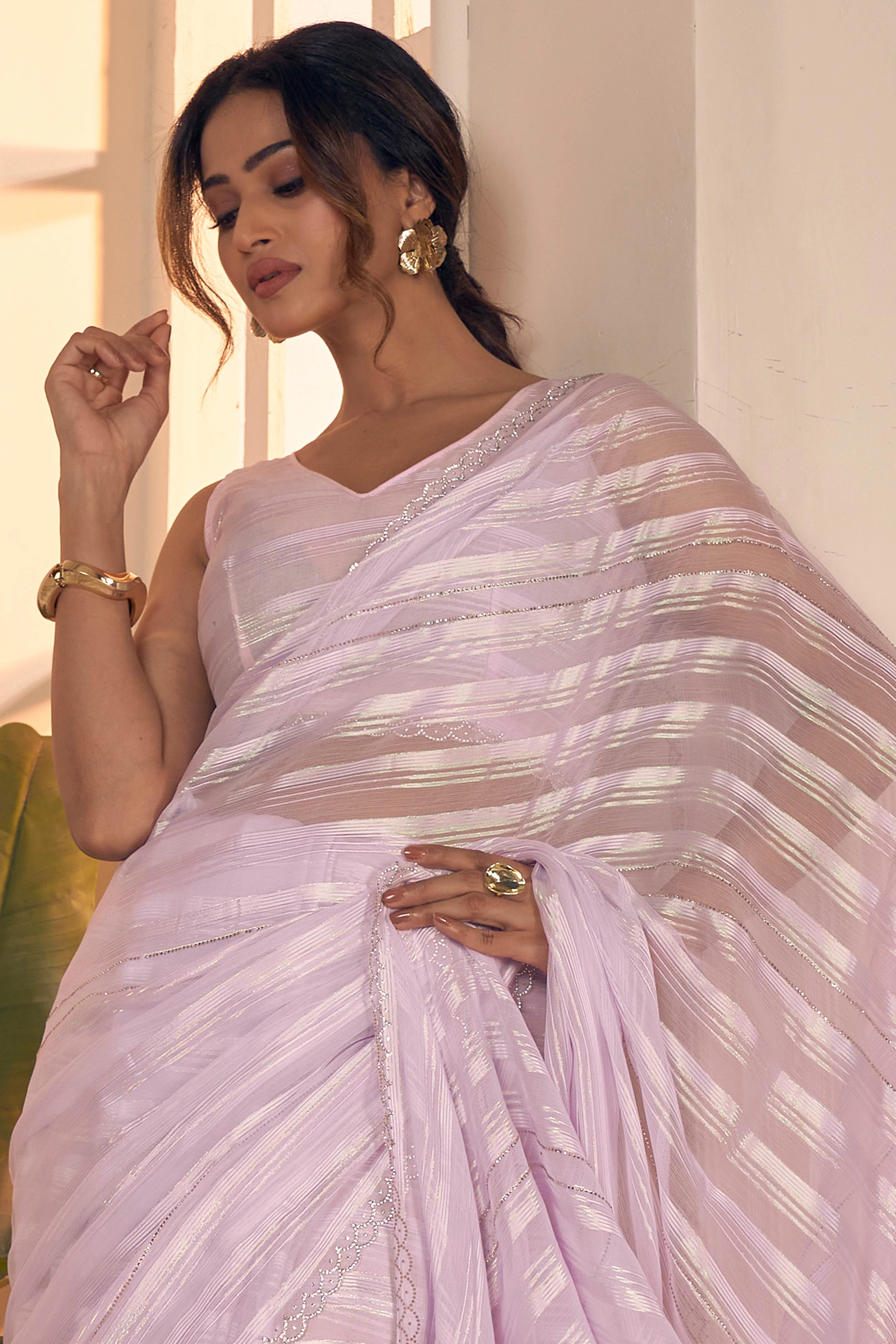 Light Lavender Striped Georgette Saree With Sparkling Zarkan Work & An Elegant Cutwork Border - Image 6