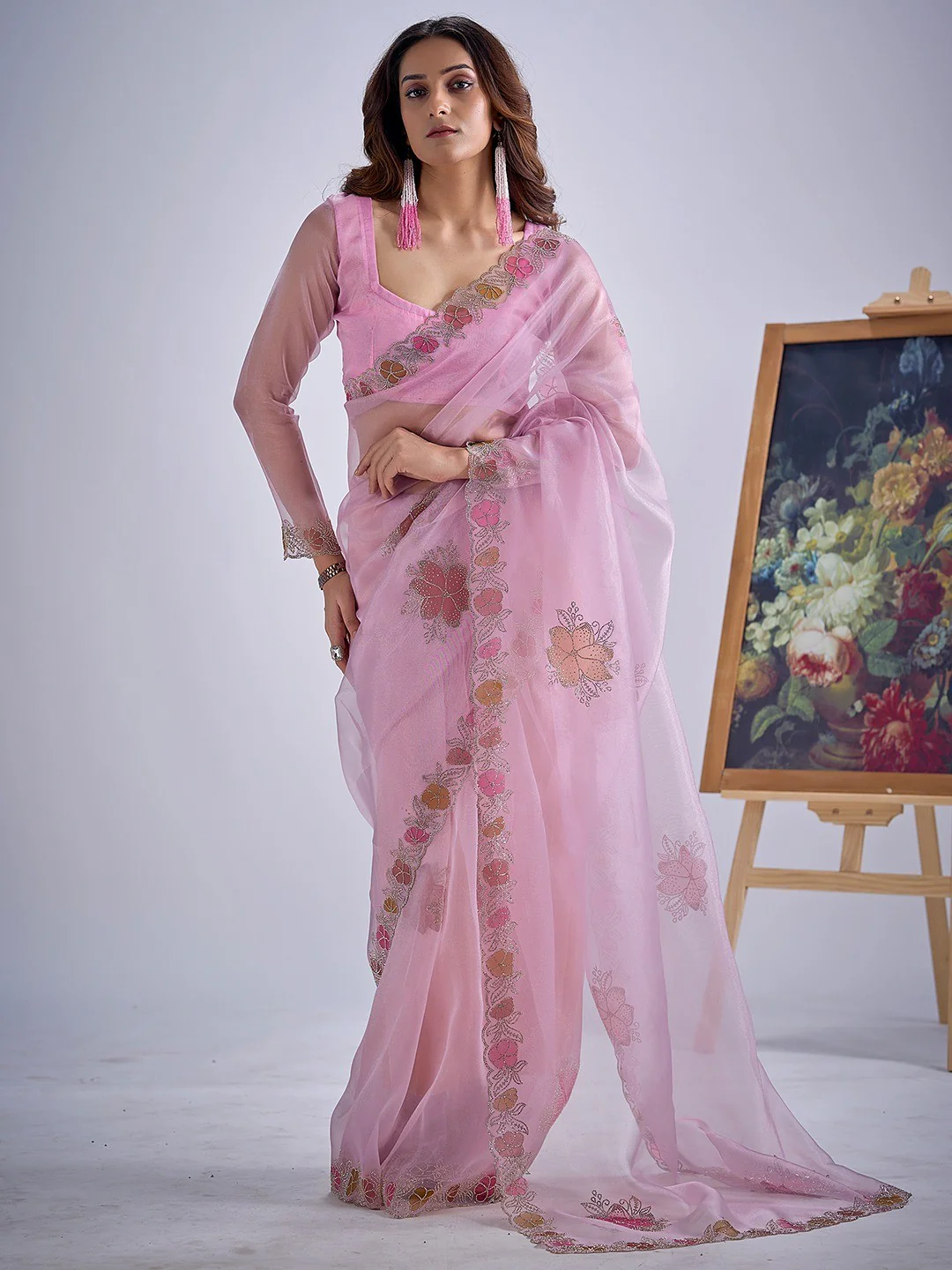 Light Lavender Traditional Hand Printed Organza Tissue Saree With Fancy Hand Stone Embellished Work