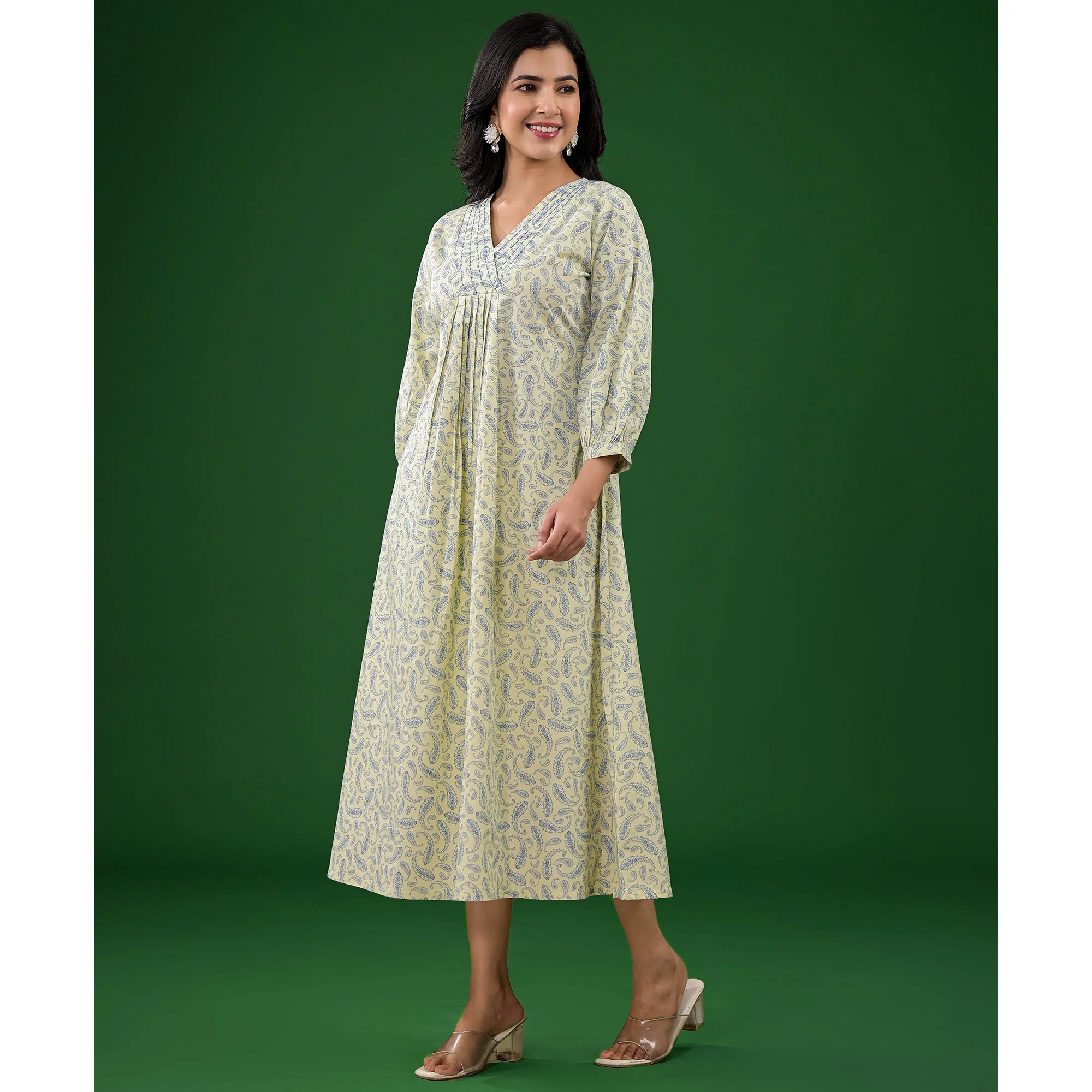 Light Lime Green Paisley Printed Pure Cotton A-Line Dress - Image 3