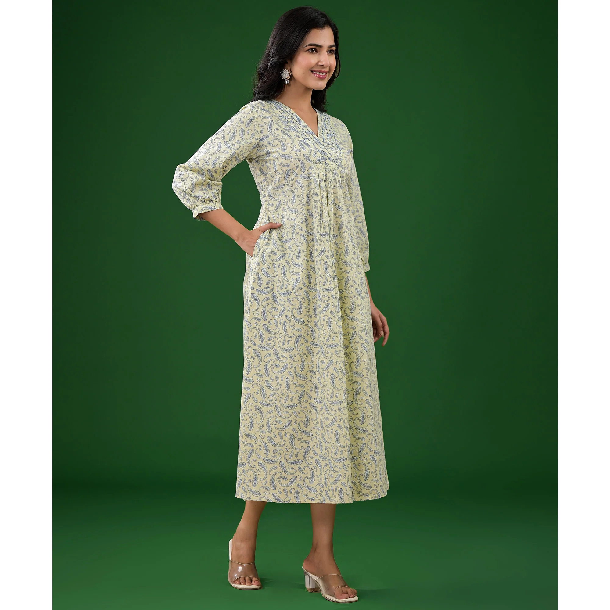 Light Lime Green Paisley Printed Pure Cotton A-Line Dress - Image 4