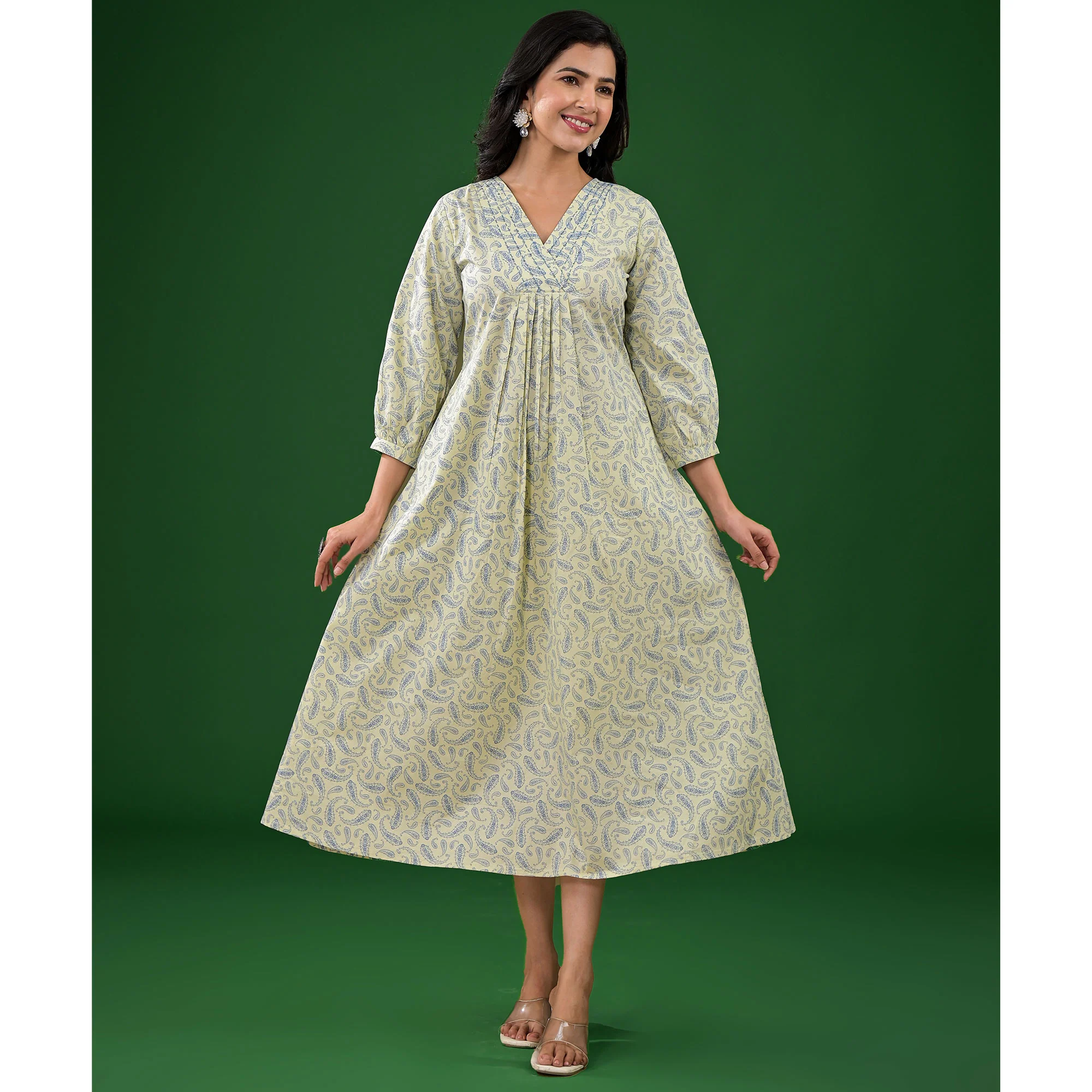 Light Lime Green Paisley Printed Pure Cotton A-Line Dress - Image 5