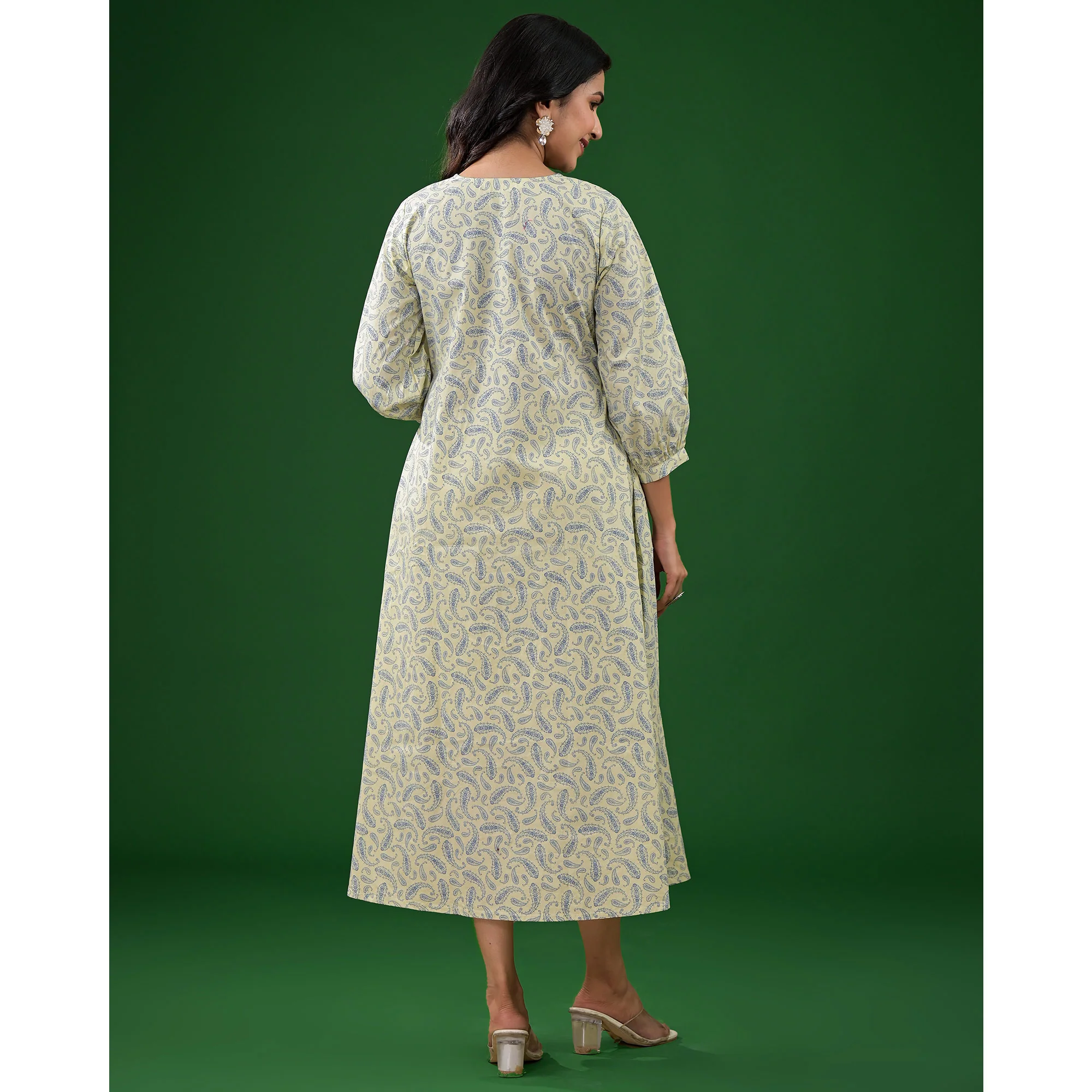 Light Lime Green Paisley Printed Pure Cotton A-Line Dress - Image 6