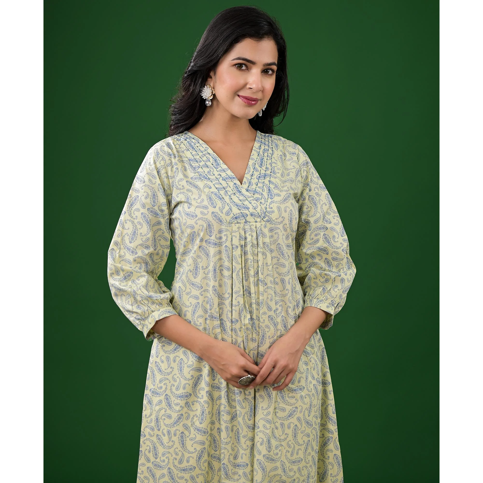 Light Lime Green Paisley Printed Pure Cotton A-Line Dress - Image 7