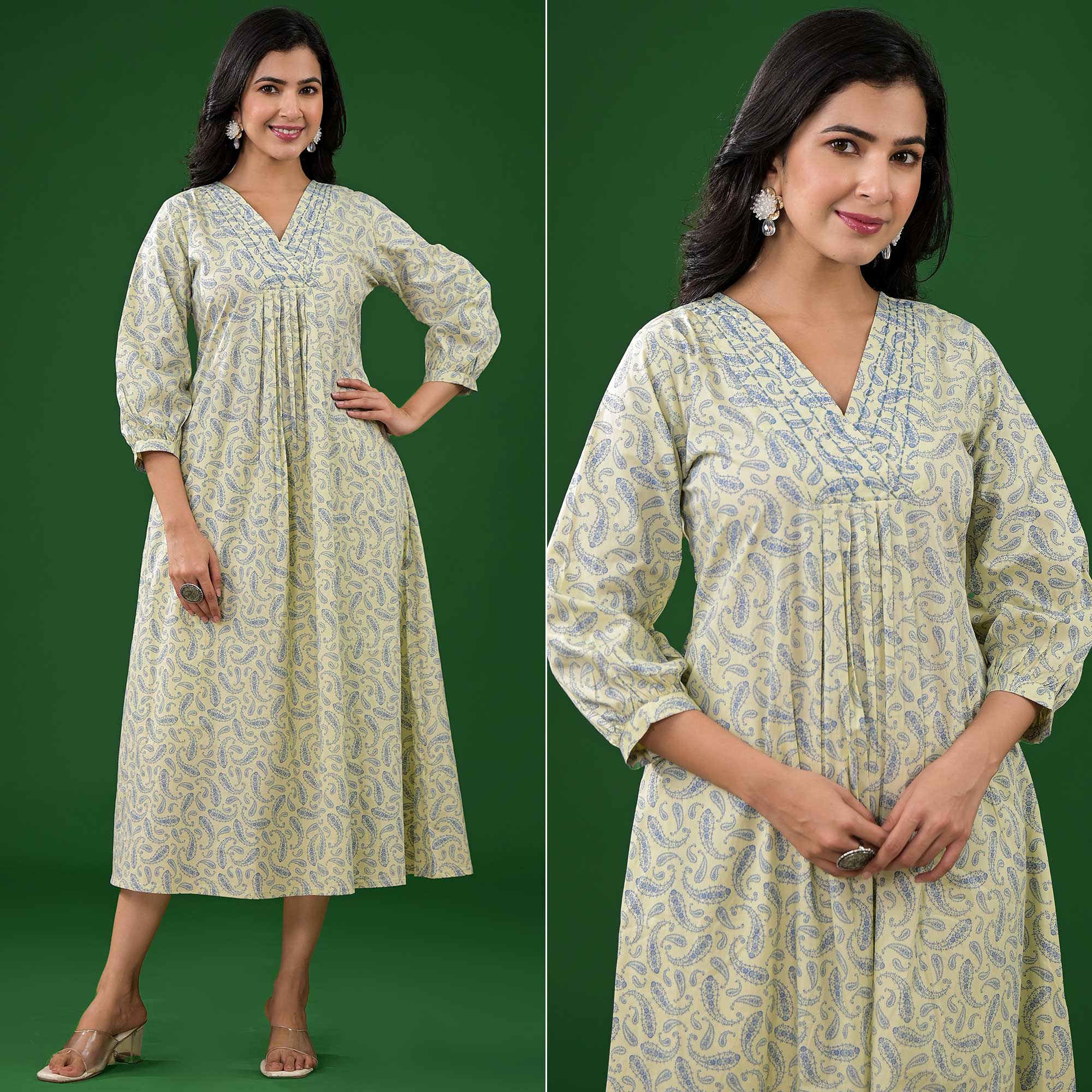 Light Lime Green Paisley Printed Pure Cotton A-Line Dress - Image 8
