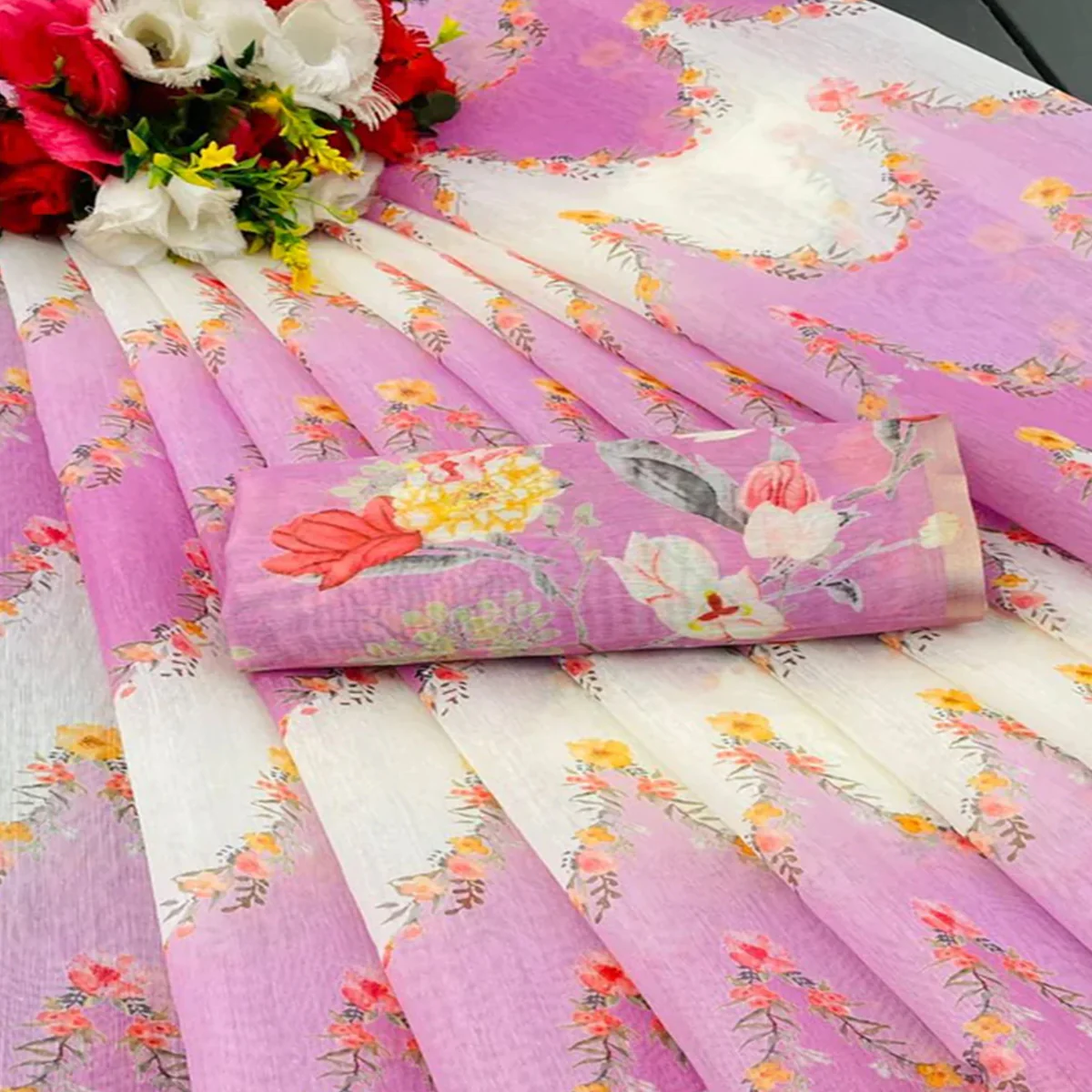 Light Magenta  Floral Digital Printed Chanderi Cotton Saree - Image 2