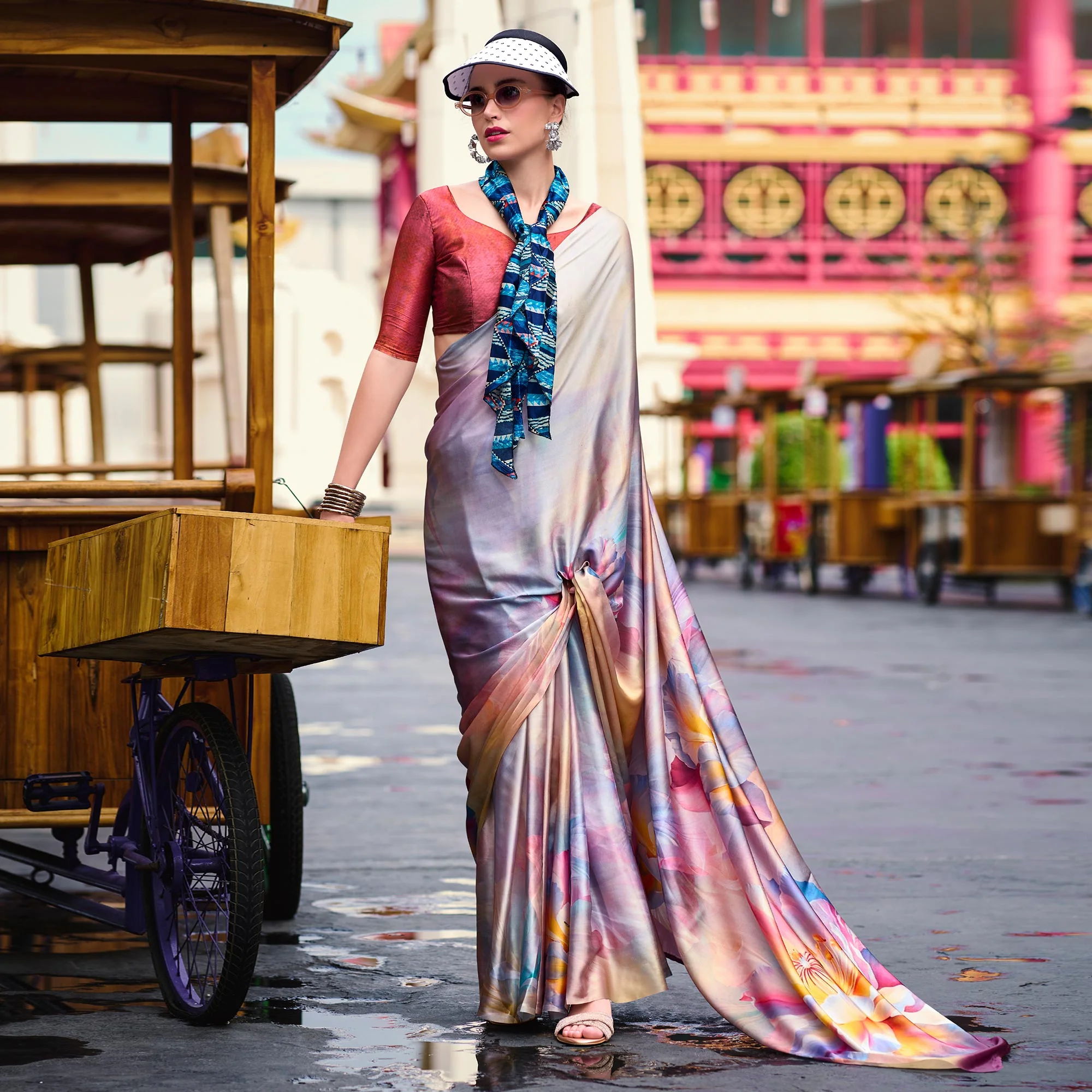 Light Mauve Digital Printed Pure Satin Saree - Image 2
