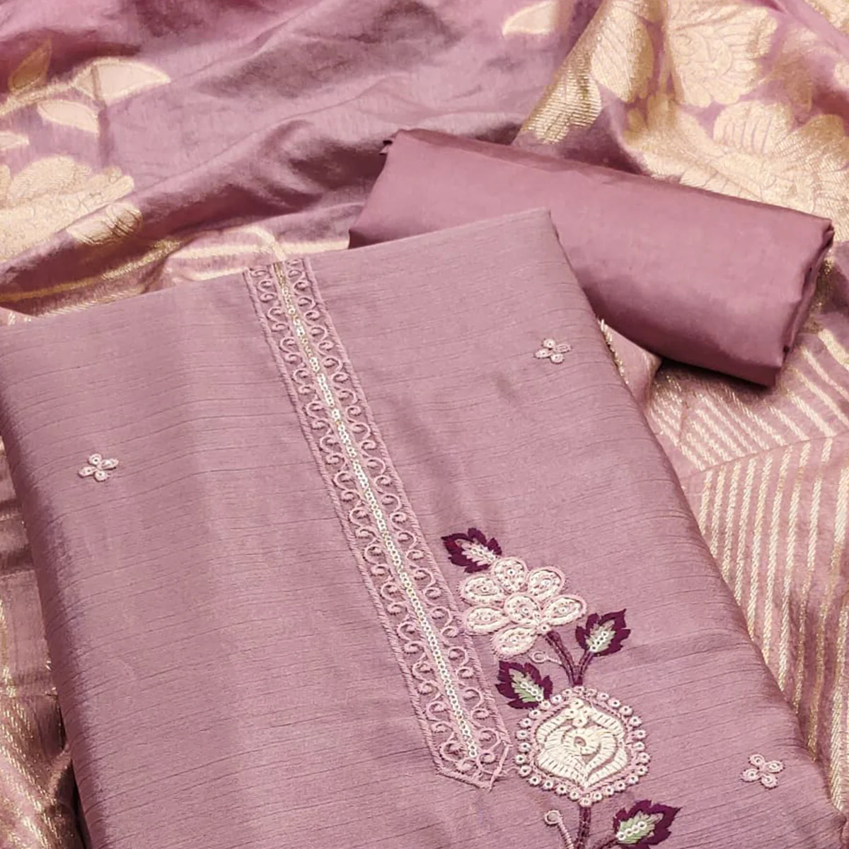 Light Mauve Floral Embroidered Chinon Silk Dress Material - Image 2