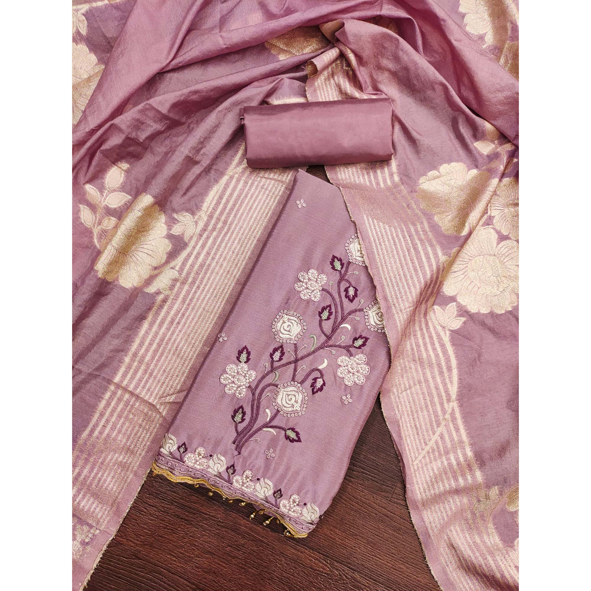 Light Mauve Floral Embroidered Chinon Silk Dress Material - Image 3