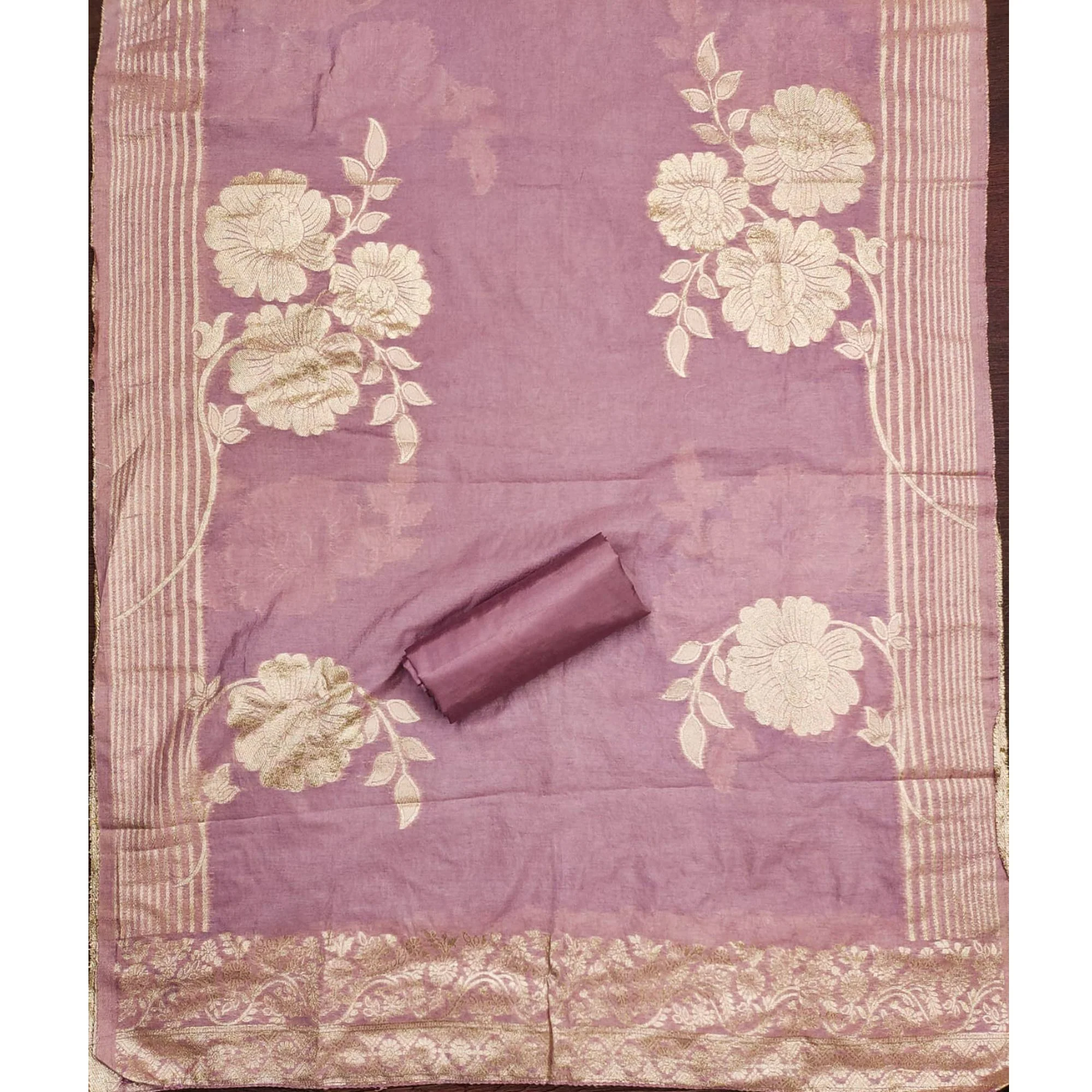 Light Mauve Floral Embroidered Chinon Silk Dress Material - Image 5