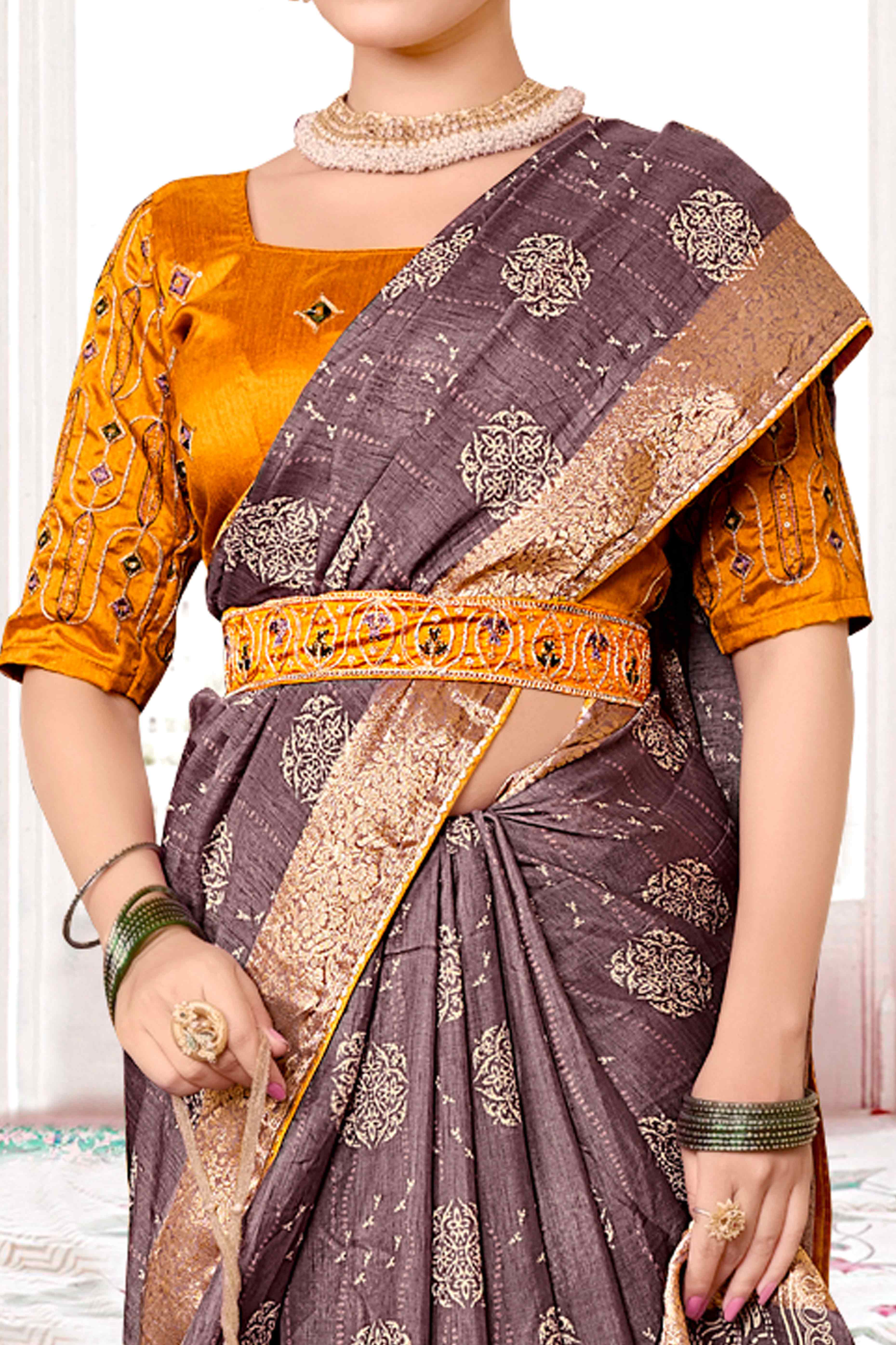 Light Mauve Floral Printed Muslin Saree With Woven Border - Image 2