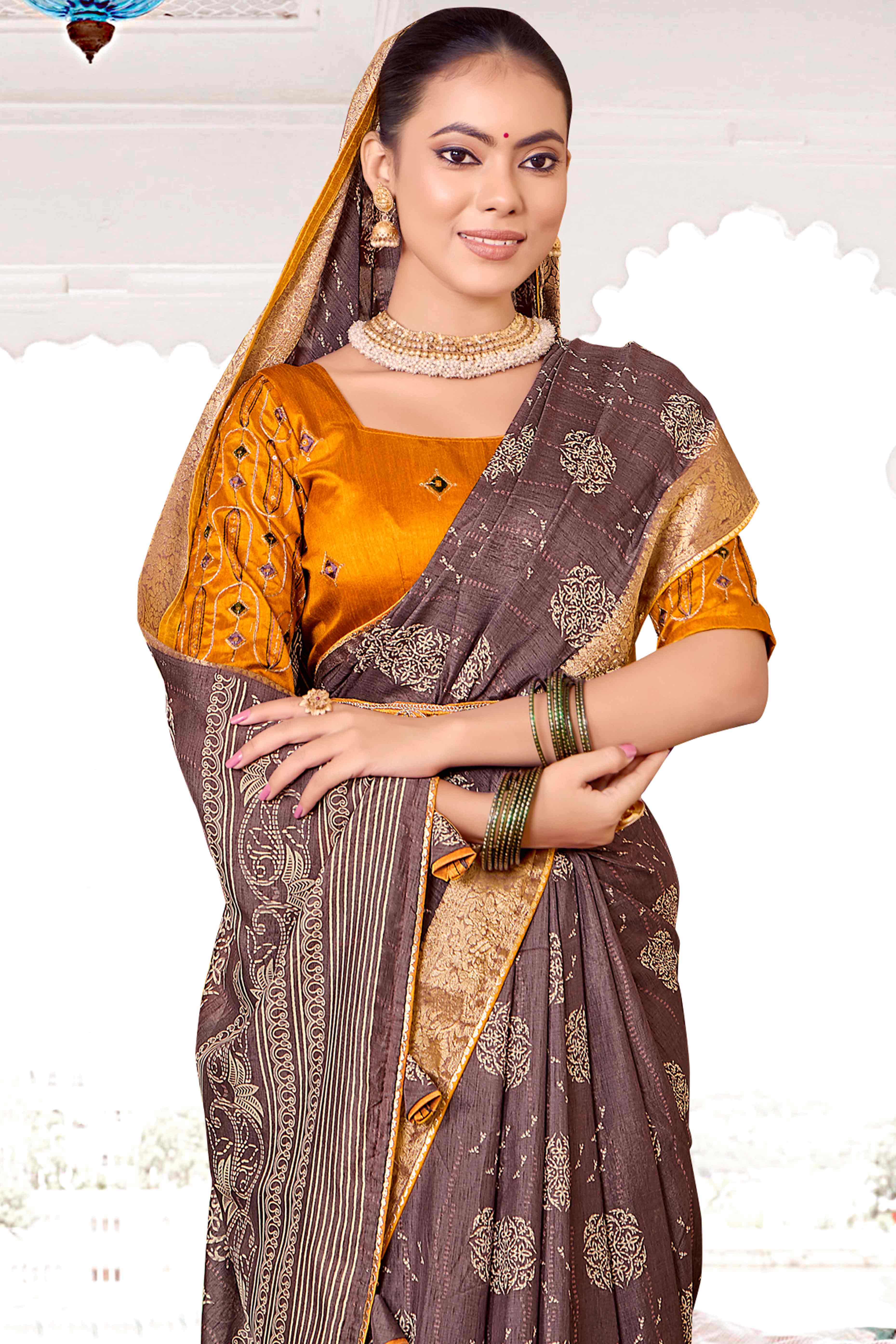 Light Mauve Floral Printed Muslin Saree With Woven Border - Image 3