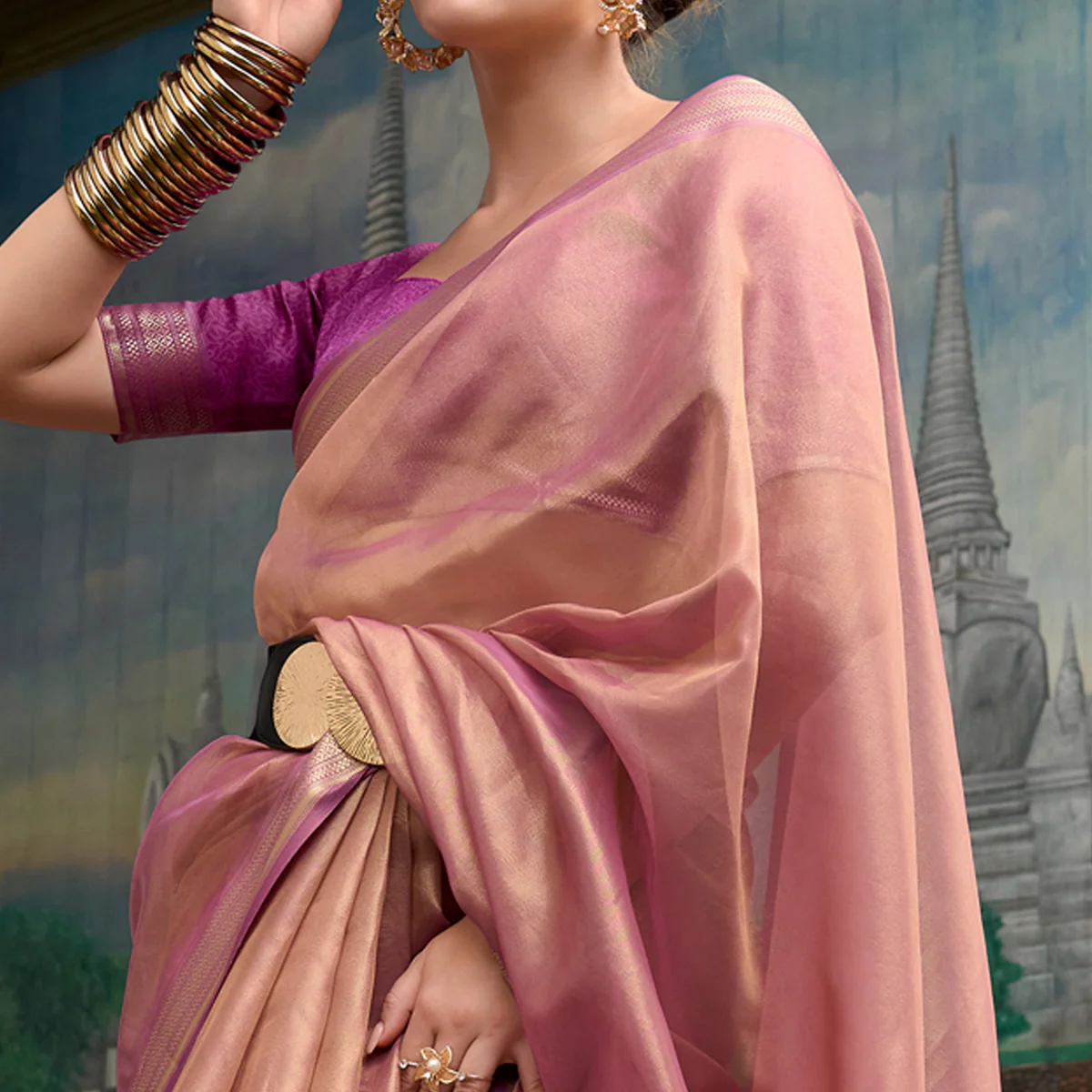 Light Mauve Woven Tissue Silk Saree With Tassels - Image 2