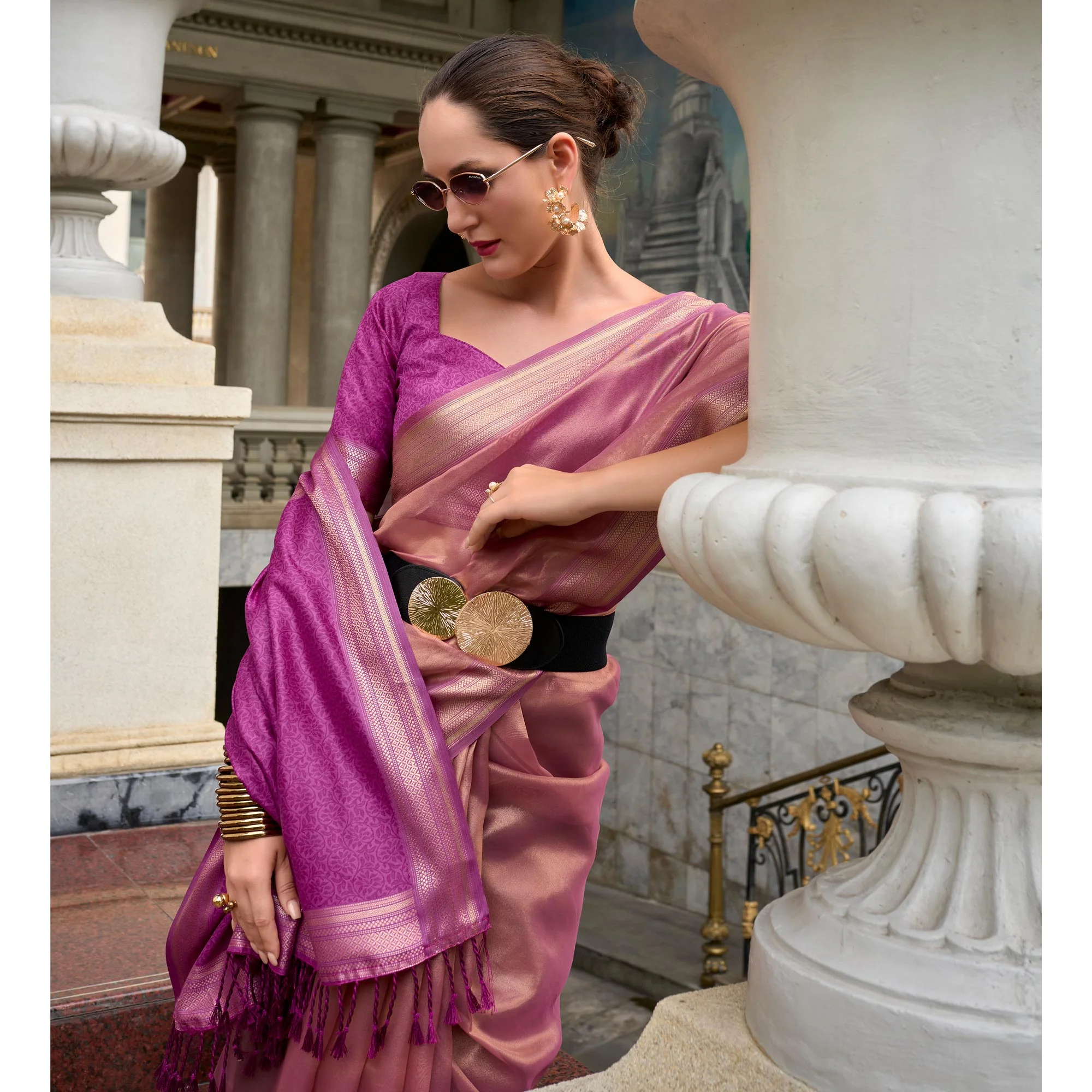 Light Mauve Woven Tissue Silk Saree With Tassels - Image 3