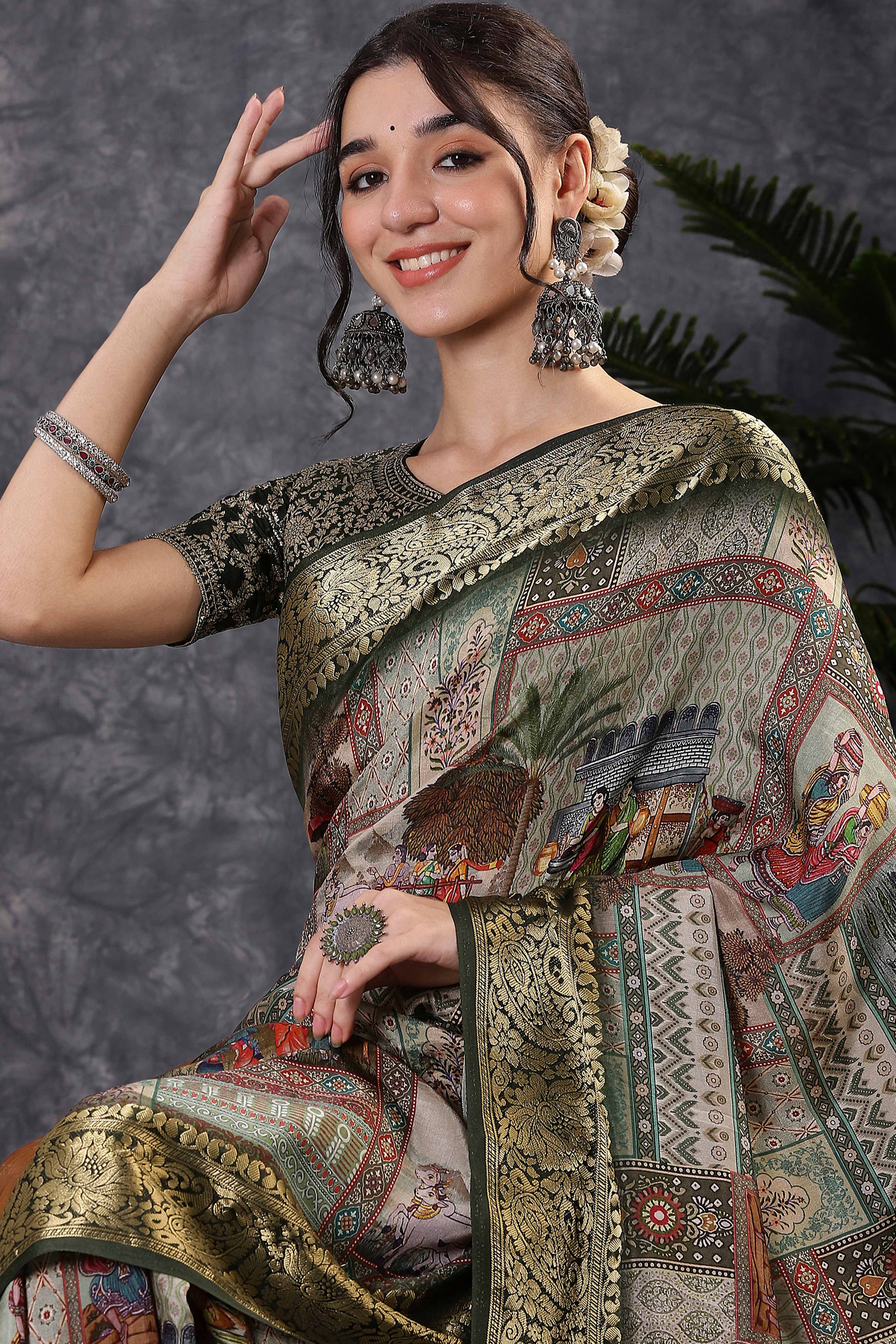 Light Olive Artistic Print Saree in Dola Silk with Woven Border - Image 4