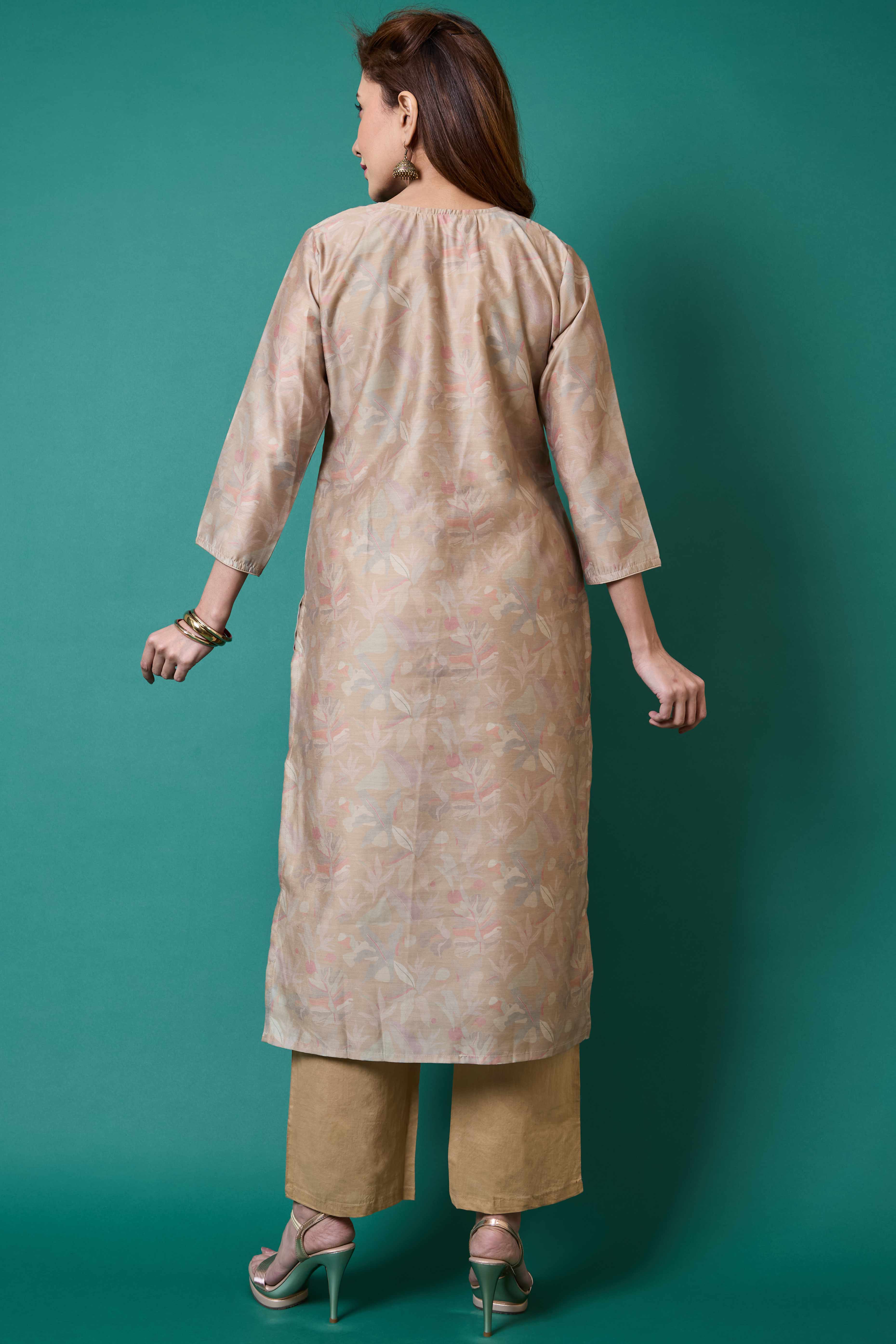 Light Olive Floral Embroidered Chanderi Silk Straight Salwar Suit - Image 3