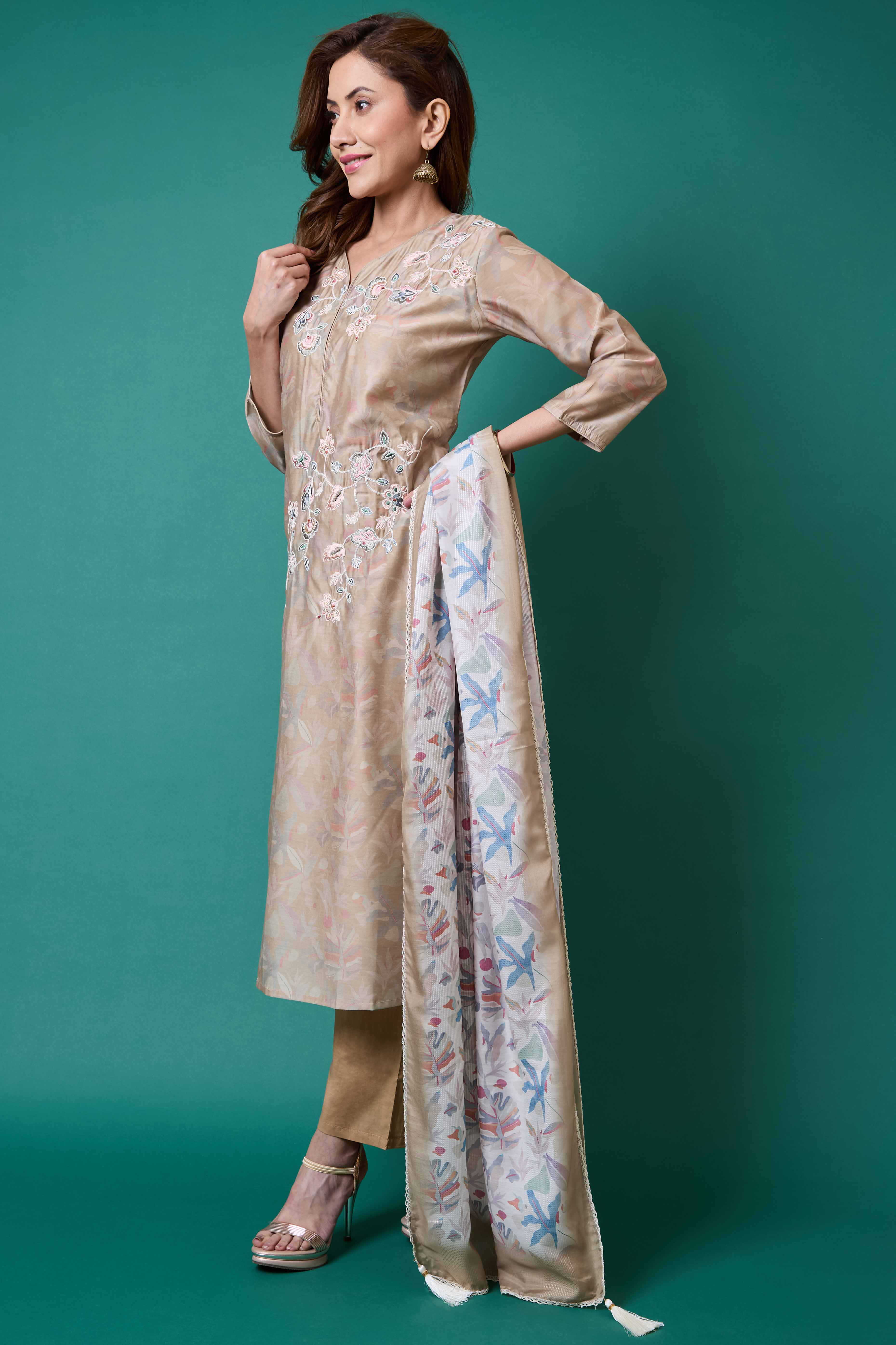 Light Olive Floral Embroidered Chanderi Silk Straight Salwar Suit - Image 4